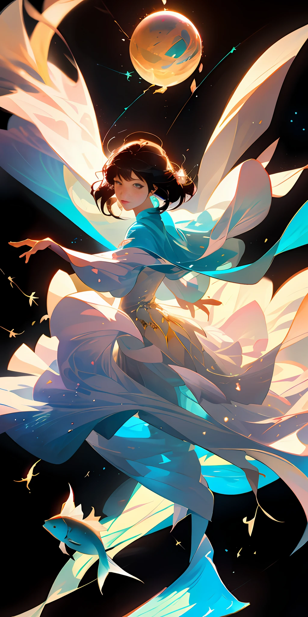 (best qualtiy,tmasterpiece),1girl,lewd poses,Particle,ventania,florals,The bird,The fish,The upper part of the body,simplebackground,looking at viewert,Cosmic sensation,