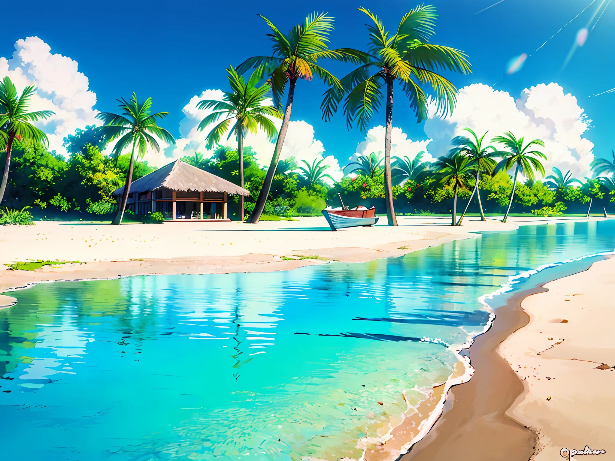 best quality, masterpiece, beautiful wild and natural fantasy landscape lights, playa, palmeraa, aves, barcos, cancun mexico,
