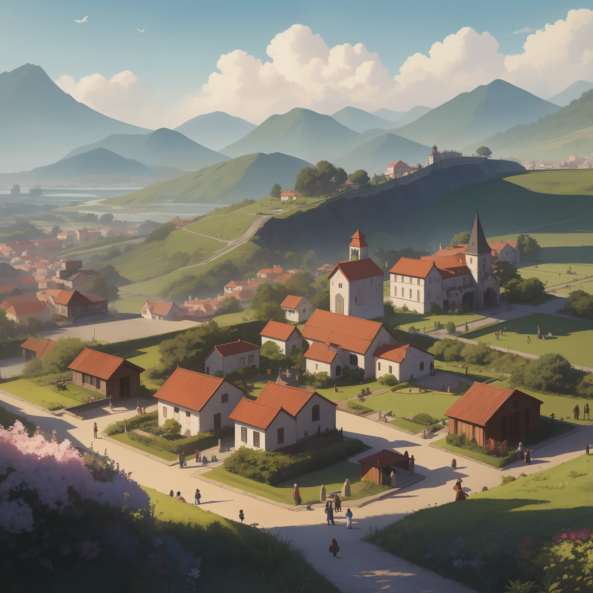 "((obra-prima:1.2), alta resolução, 8k UHD), cidade medieval:${cidade+medieval:1.1}, jardins floridos em casas pitorescas, samambaias, blue sky, estilo cartunista:${cartoon:1.2}, nuvens deformadas, ${heaven+azul}:1.1"., Vila pequena
