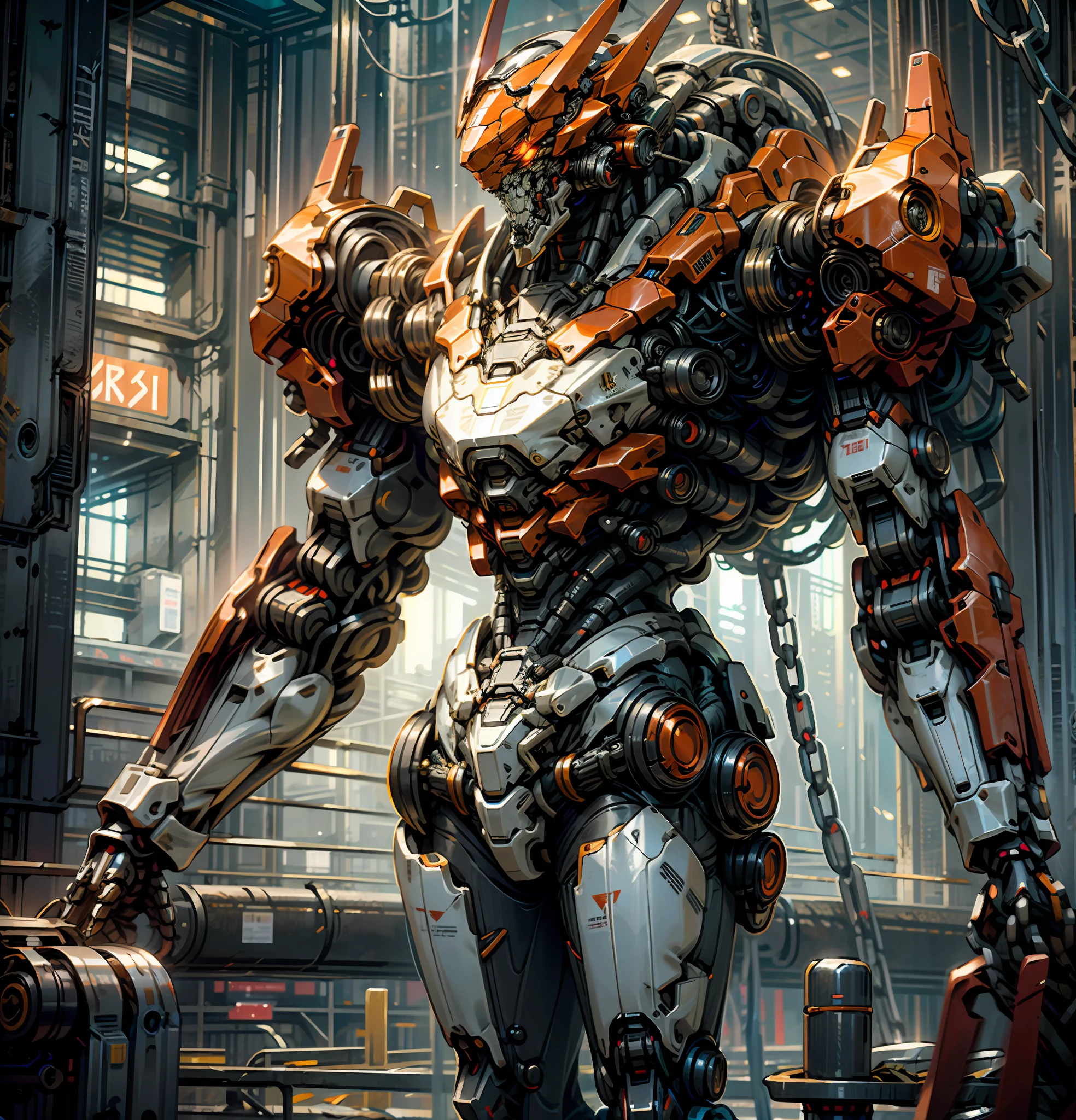 Dark_Fantasy,Cyberpunk,(chain saw,chain saw man,Red:1.1),1man,Mechanical marvel,Robotic presence,Cybernetic guardian, wearing a worn-out mech suit, intricate, (steel metal [rusty]), elegant, clear focus, shot by greg rutkowski, soft lighting, vibrant colors, masterpiece, ((street)), cowboy shot, dynamic pose,