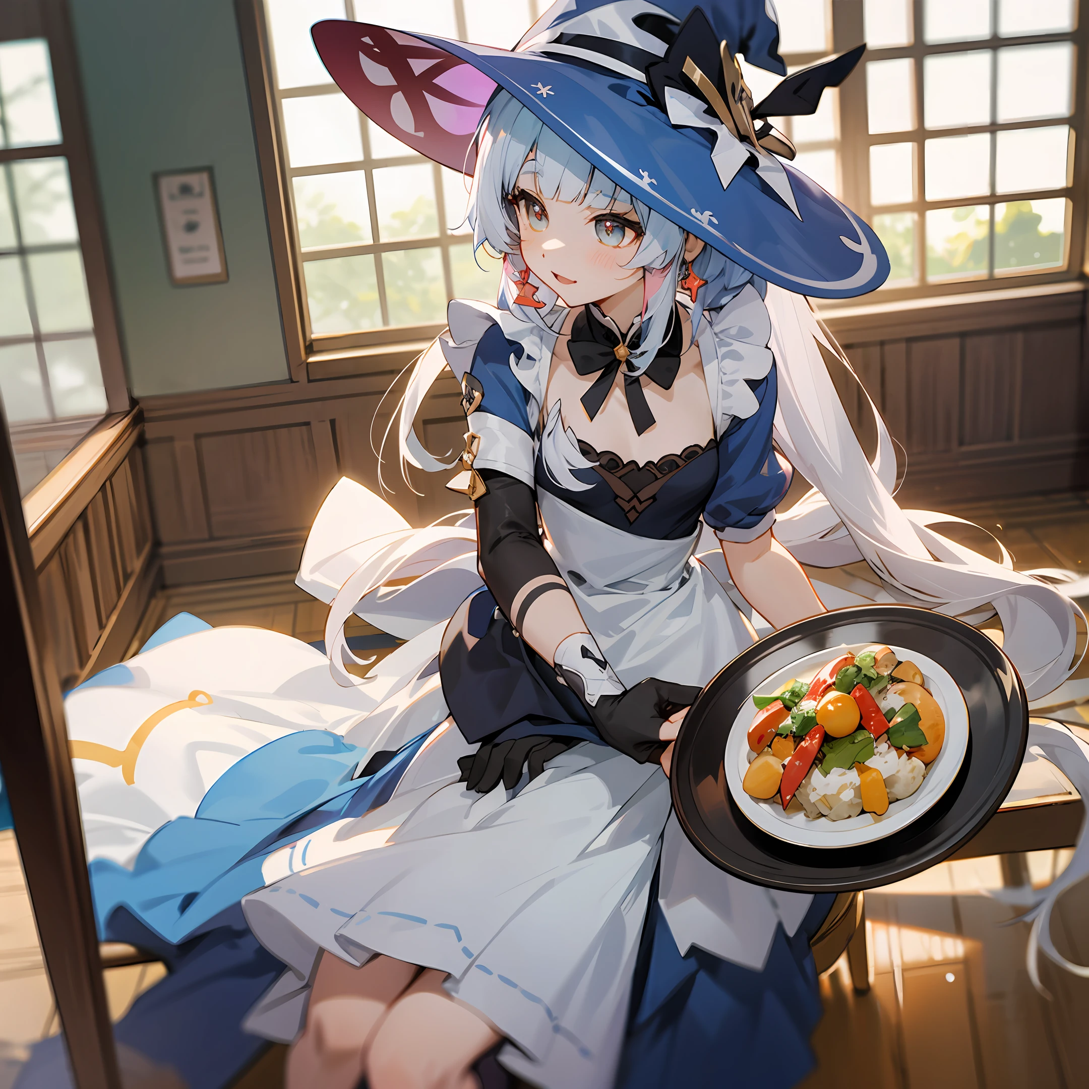 Anime girl sitting on windowsill holding a plate of food, flirty anime witch casting magic, Ayaka Genshin impact, small curvaceous loli, anime maids riding early tanks, loli in dress, ayaka game genshin impact, white-haired god, anime girl in a maid costume, cute anime waifu in a nice dress, Keqing from Genshin Impact