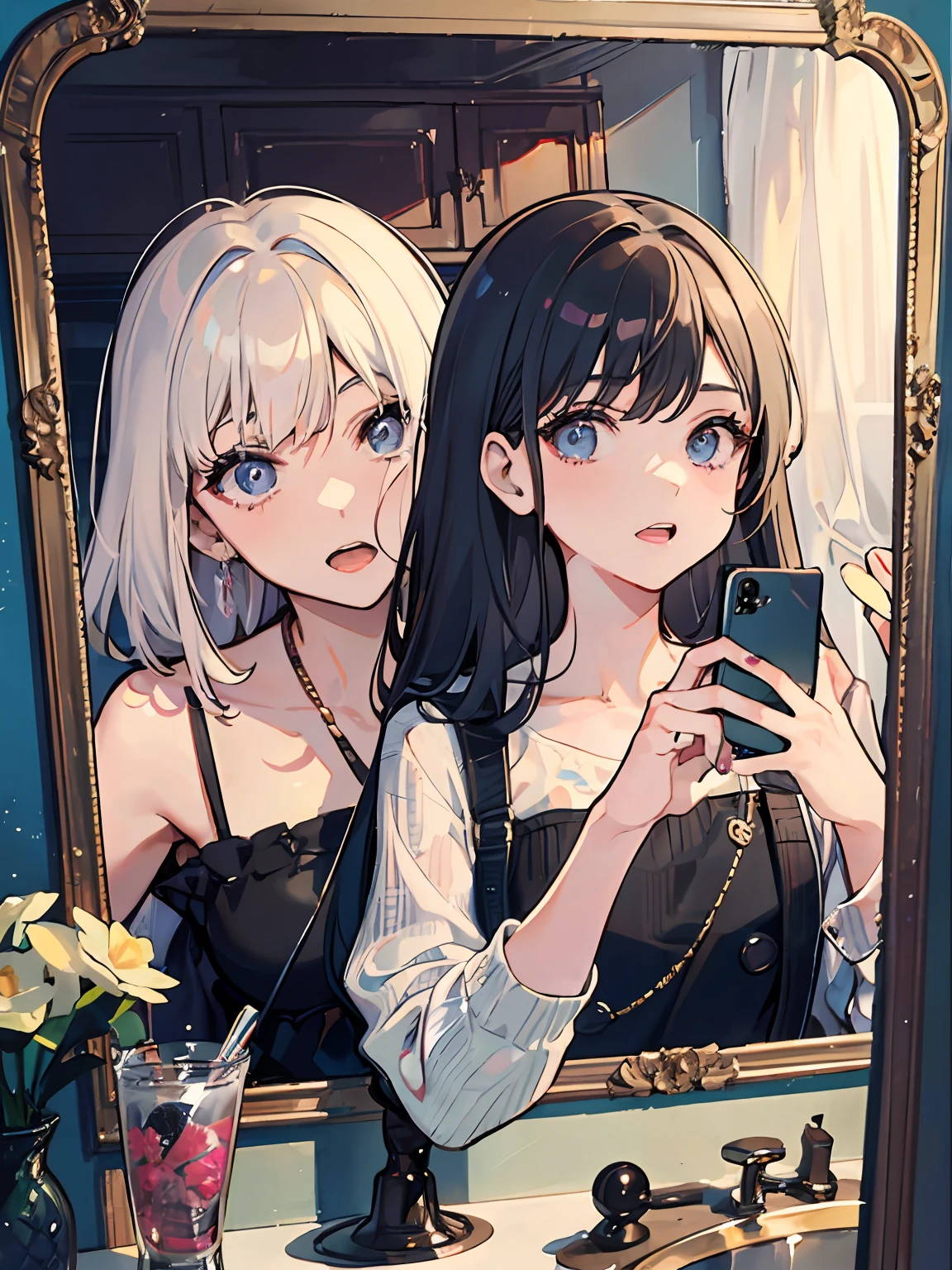 They are two people taking selfies in the mirror, The boy on the left looks at the girl on the right，Girl holding a mobile phone in her hand