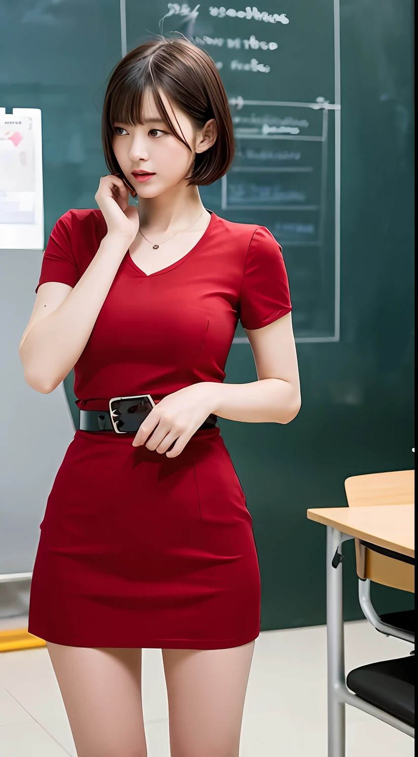 tack sharp focus,A detailed,Authentic,Woman,Delicate and beautiful female teacher,Professional Dress,Red hip skirt,Emotional,serious,The graphics are beautiful,Bright office,short hair Students,Show the whole body,