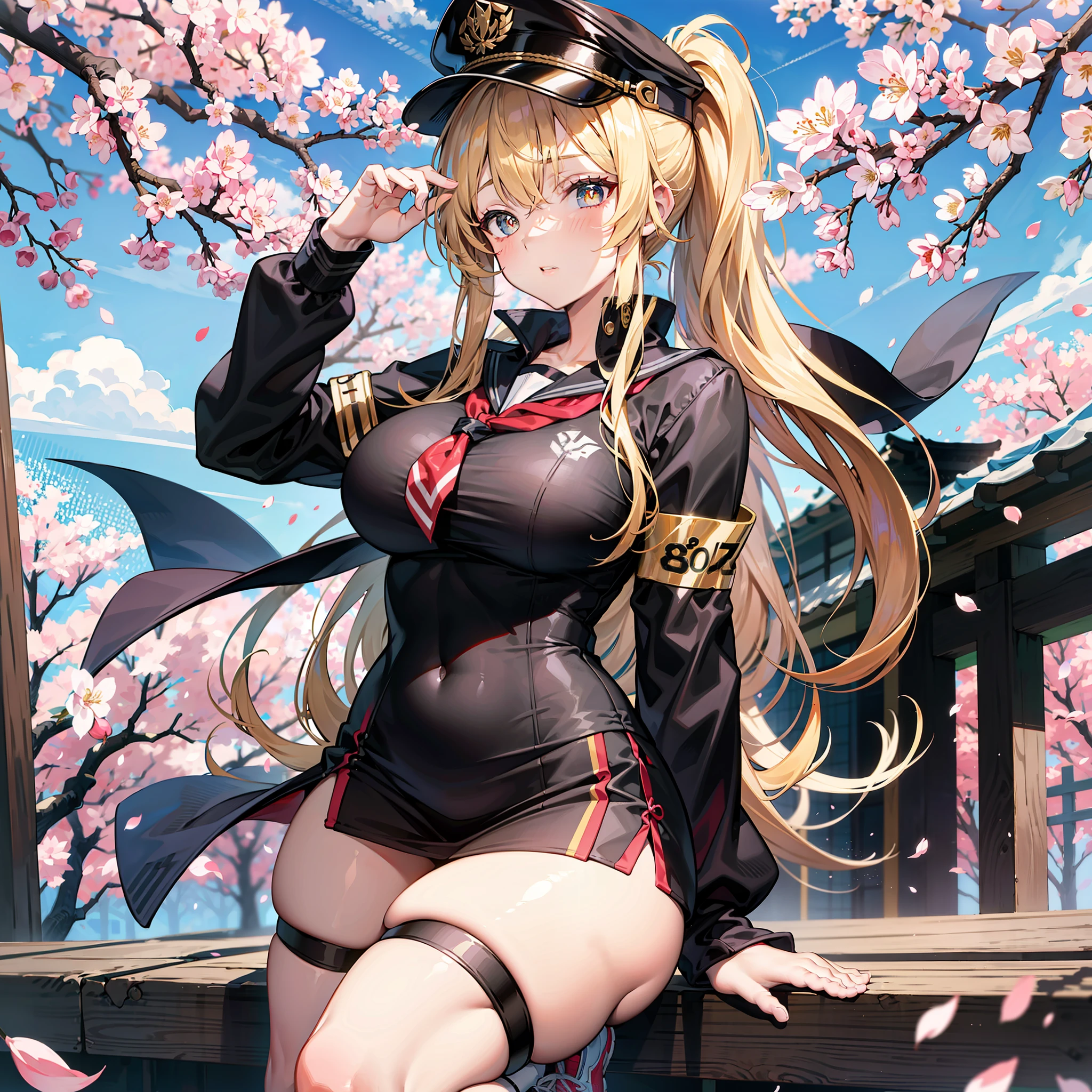 A high resolution，the detail，8K，JK school uniform，Wear a cap，High ponytail，Golden hair，full bodyesbian，Sassy and heroic，Golden pupils，long whitr hair，athletic sneakers，Wear black stockings，slightly fat big breasts，Slender legs，Wear armbands，Under the cherry blossom trees，Japanese style，Tsundere，Wind Discipline Commissioner，B cup，Beautiful girl for high school students