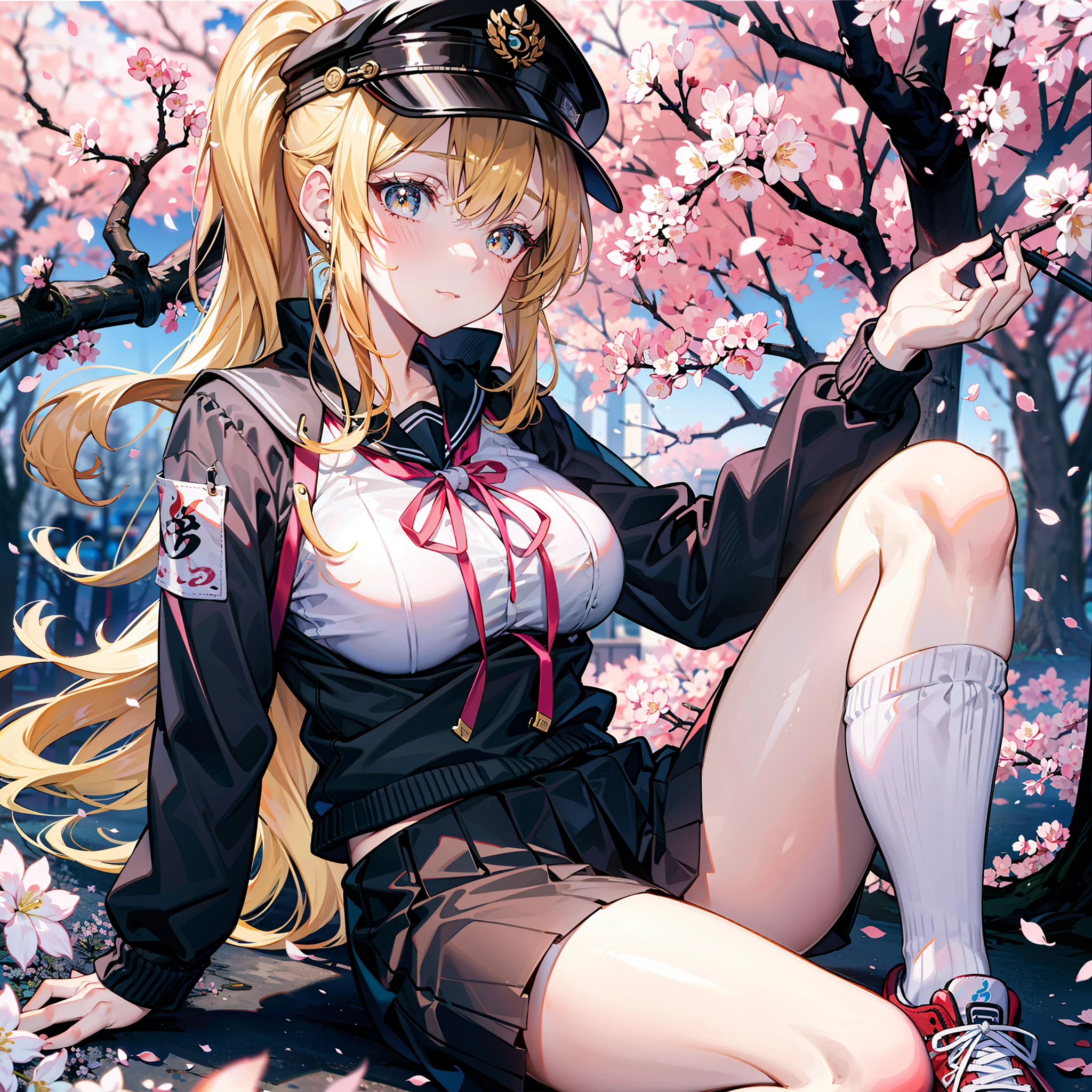 A high resolution,the detail,8K,JK school uniform,Wear a cap,High ponytail,Golden hair,full bodyesbian,Sassy and heroic,Golden pupils,long whitr hair,athletic sneakers,Wear black stockings,slightly fat big breasts,Slender legs,Wear armbands,Under the cherry blossom trees,Japanese style,Tsundere,Wind Discipline Commissioner,B cup,Beautiful girl for high school students