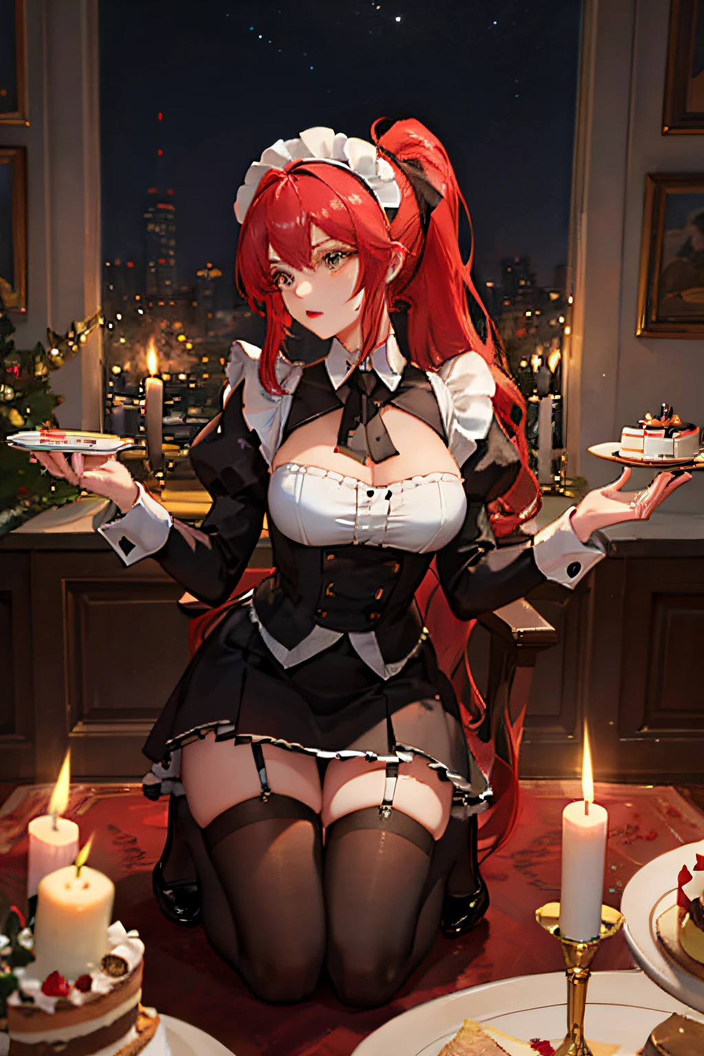 (((1个Giant Breast Girl)),Ray traching,(Bright candle fire),,((red tinted hair)),((red tinted hair)),((((plump and slender girl))Wears a high ponytail))){Detailed scene in front of cake full of candles on the table}((((The girl was dressed in neat maid outfits and black stockings),It shows a delicate and slender figure and beautiful curves,Correct limbs,Kneel in a chair,high and cold,Night scene,The way the feeding looks,Cake in hand