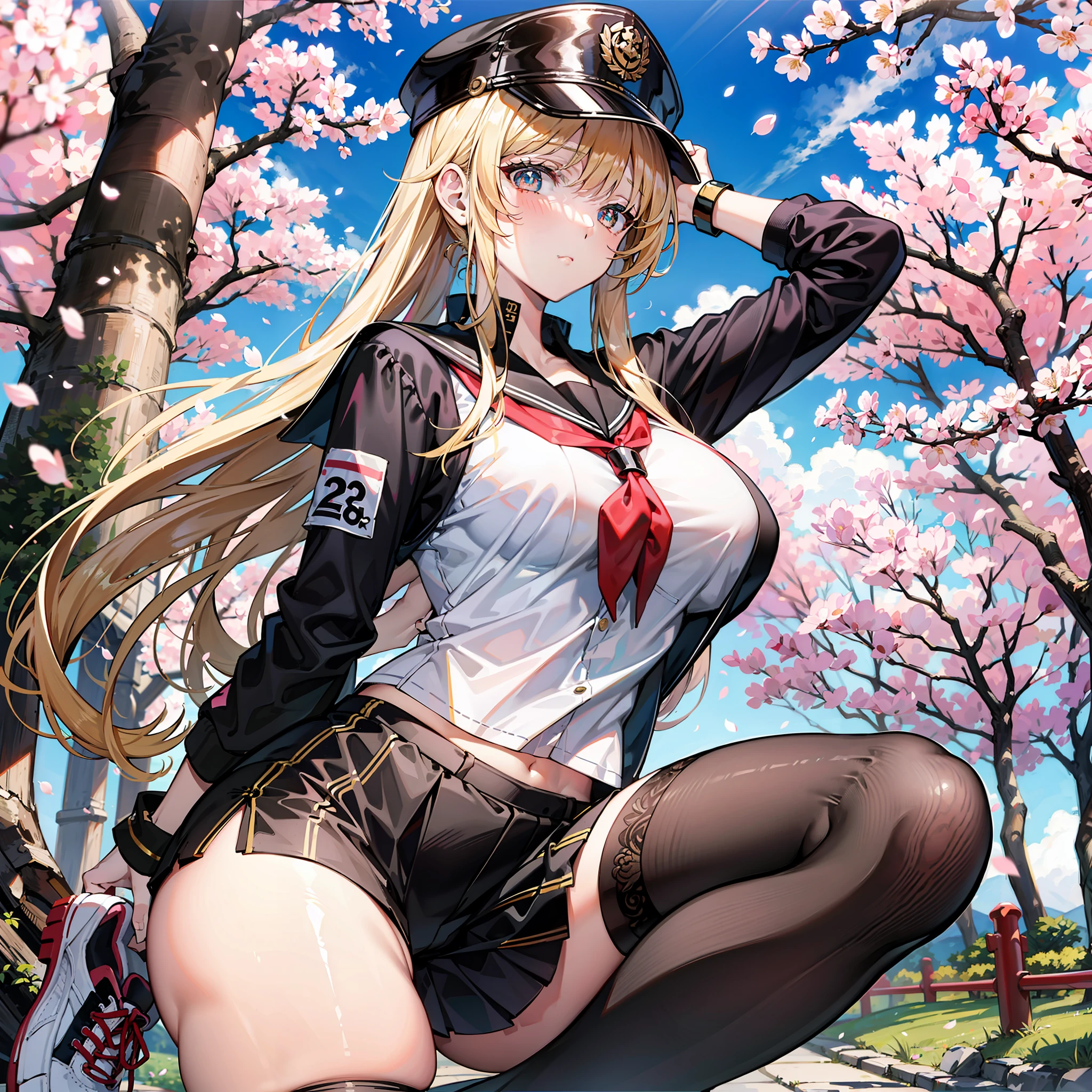 A high resolution,the detail,8K,JK school uniform,Wear a cap,High ponytail,Golden hair,full bodyesbian,Sassy and heroic,Golden pupils,long whitr hair,athletic sneakers,Wear black stockings,slightly fat big breasts,Slender legs,Wear armbands,Under the cherry blossom trees,Japanese style,Tsundere,Wind Discipline Commissioner,B cup,Beautiful girl for high school students