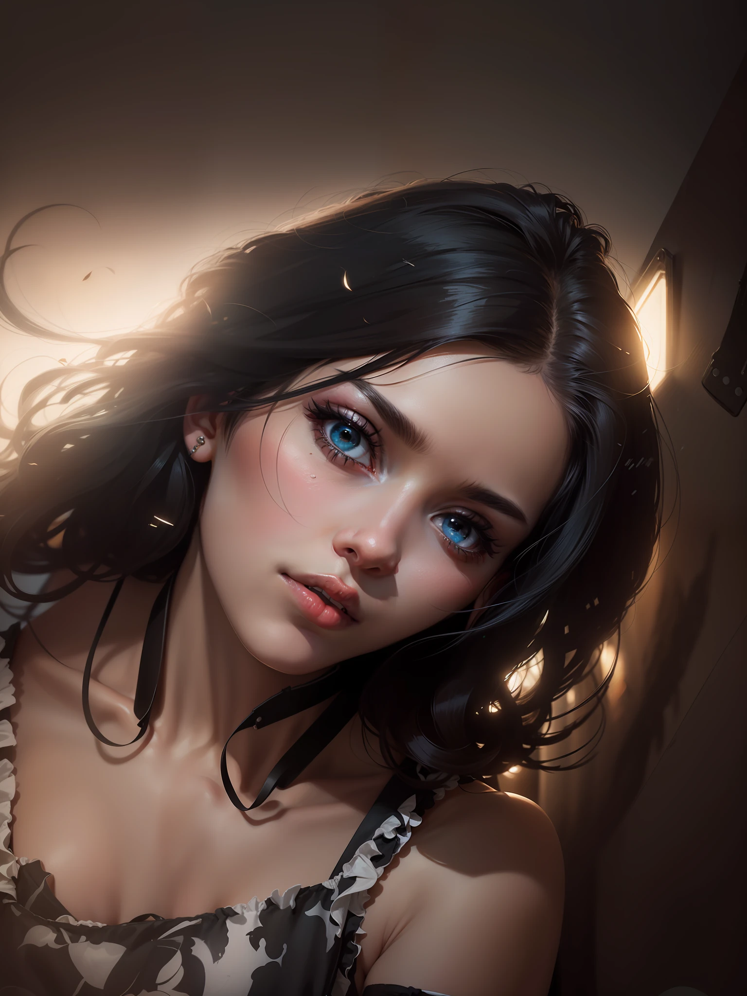 A mesmerizing masterpiece capturing a photorealistic portrayal of a woman with black hair cascading around her face. Her piercing blue eyes, subtly blurred yet captivating, draw the viewer's gaze with an intensity reminiscent of "The Matrix." She gazes directly at the viewer, exuding confidence and intrigue. The lighting is expertly crafted, casting beautiful shadows and highlighting her features with professional precision. The background is softly blurred, emphasizing her presence while maintaining a sense of depth. The portrait exudes a sense of realism, with meticulous attention to detail, including the texture of her short hair and the subtle nuances of her parted lips. The image showcases a film grain effect, adding an artistic touch and enhancing the overall atmosphere