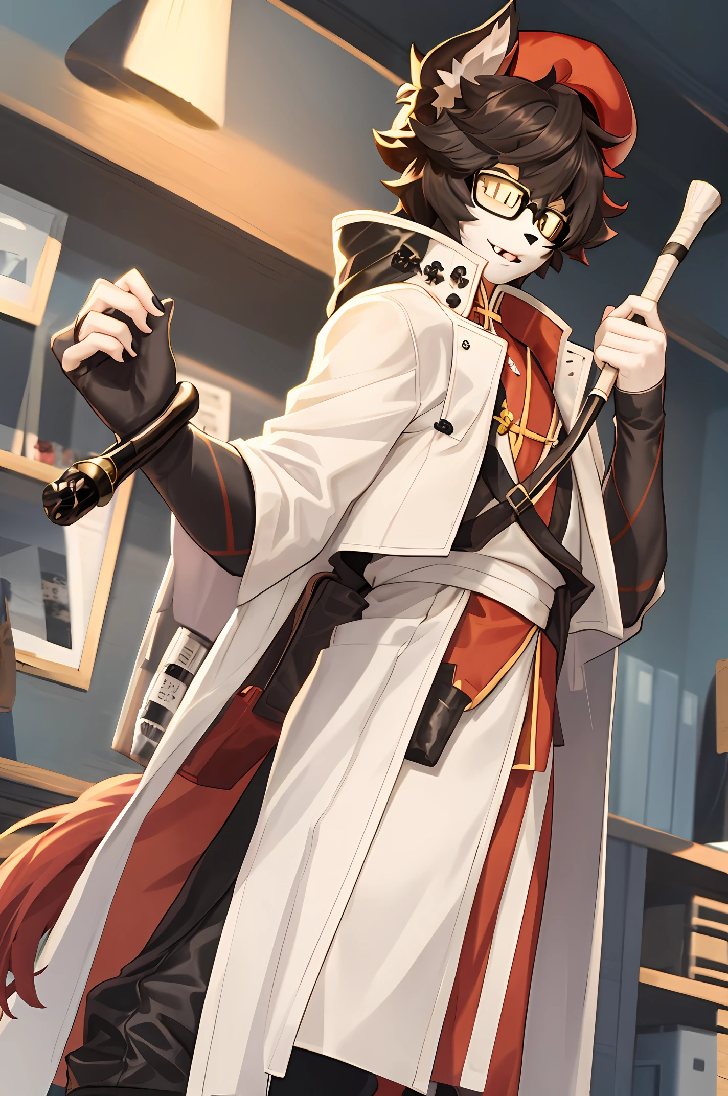 Fluffy male furry arctic fox cute with glasses canine single detective trench coat beret golden eyes gray-black fur holding a cane