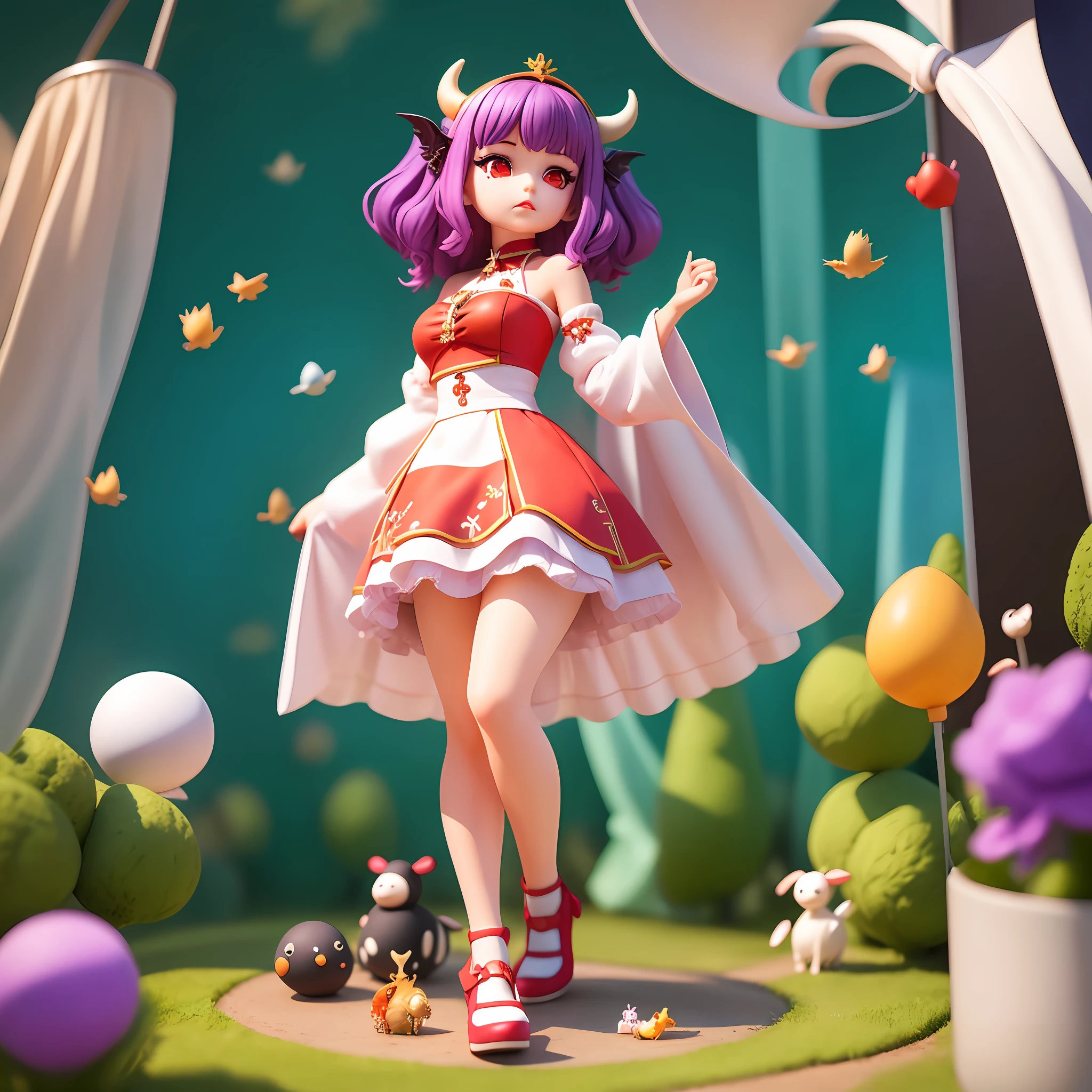 Super cute girl full body 3D drawing，adolable，Pop Mart blind box，Hand size, Masterpiece, 1girll， dramatic lights，adolable，tmasterpiece，Need，PremiumQuality，Dragon girl，cow horn，Dragon's horn，red - eyed，White，Off sleeve，pointy-eared，whiteskirt，Basin curtain，hair adornments，cropped shoulders，Dragon wings，little wings，Deep purple hair，  delicated，adolable，The face is slightly chubby， full bodyesbian， pigeon-toed，（Fly in the sky：1.6）， From above， Faraway view， super wide shot， Depth of perspective， depth of fields， Deep charge projector，k hd，8k