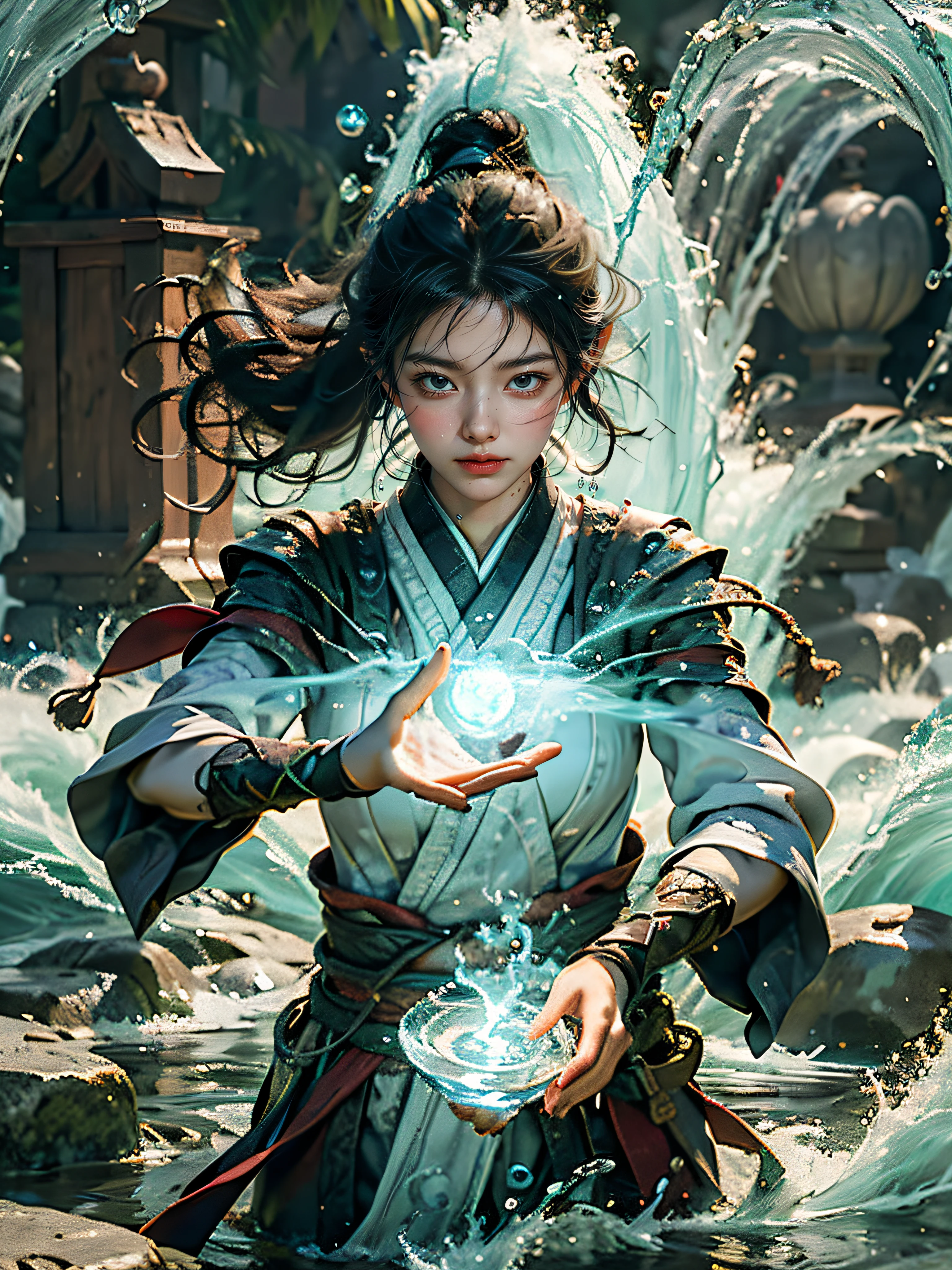（（best qualtiy））， （（tmasterpiece））， （A detailed）， （Realistis）， （offcial art）， （Very detailed CG unity 8K wallpaper）， （Fire magic：1.2）， （Maneuver fire：1.1）， （element control：1.2）， （graceful movements：1.1）， （Aquatic beauty：1.2）， （Mysterious powers：1.2）， （Serene expression：1.1）， （Flowing tides：1.2）， （Sparkling water droplets：1.2）， （magic aura：1.1）， （magic incantation：1.2）， （Ripple waves：1.2）， （Brilliant flames form：1.1）， （Emerges from a whirlpool of water：1.2）， （Resonate with nature：1.2），（commanding the elements：1.2），（translucent veils：1.1），（Wisdom and strength：1.2），（swirls of magic：1.2），（Glowing zigzag：1.1），（Harmony with the sea：1.2），（Mysterious origins：1.2），（harmonious balance：1.1），（The power of tranquility：1.2），（A fascinating spectacle：1.2），（Immerse yourself in liquid magic：1.1），（Embrace her destiny：1.2）超高分辨率