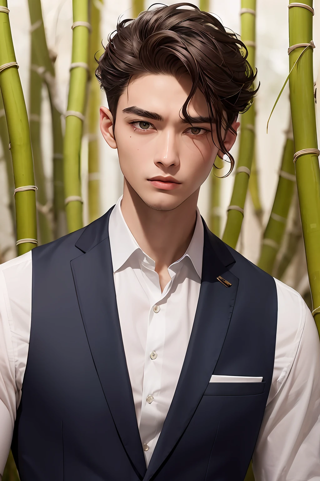 Golden ratio figure,Twenty-five years old male,Scarlet eyes,Wavy curls to the earlobes,Eyebrows slightly wrinkled,The expression is gloomy,The thin willow eyebrows resemble ink paintings,brunette color hair,Wear a shirt and suit vest,Slender fingers,Like the flower of the high mountains