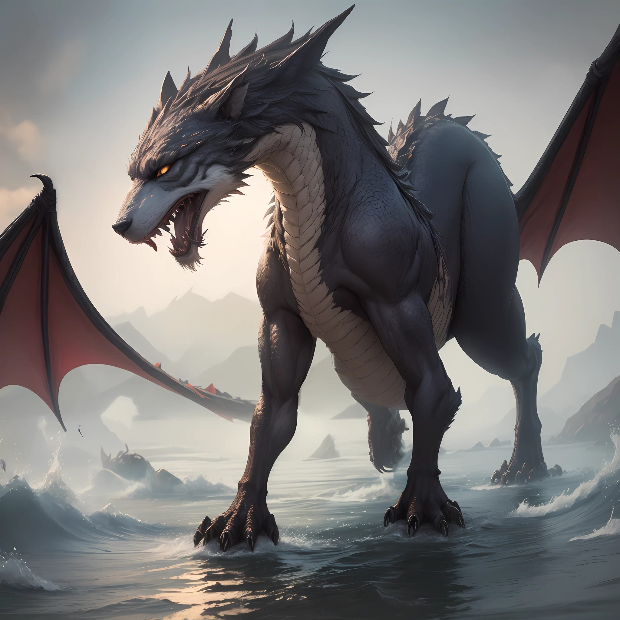 half wolf, The half-dragon stands on its hind legs in the water,Sideways photo，There are extra-long dragon tails。There are vertical scales on the back。The eyes are fierce。Has big furry ears。The villain is handsome，Strong and powerful, Dramatic cinematic details fur, hyper realistic fur, highly realistic photograph, cinematic full body shot, cinematic full shot, guardian of the holy lake, adventure hyper realistic render, volumetric fur, ultra-realistic picture, Make a gesture of majesty, hyperreal rendering，A combination of mythical creatures, wolves and dragons。