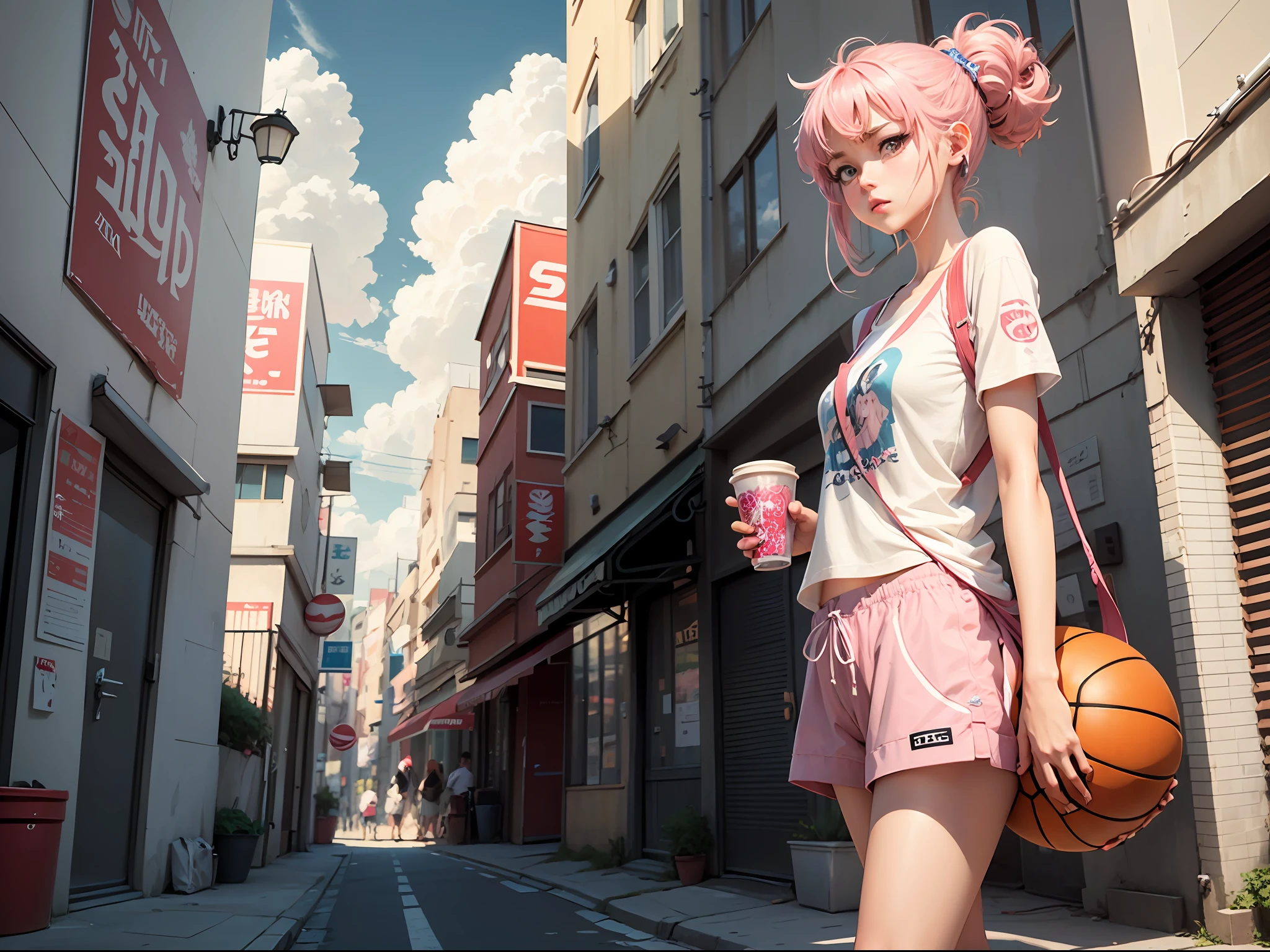 Anime - street style pictures with basketball hoops and hoops, Anime Cloud, fluffy pink anime clouds, animeaesthetic, Anime Sky, Anime background art, Anime landscapes, animeaesthetic, anime style cityscape, anime backgrounds, anime vibes, Anime landscape, beautifull puffy clouds. Anime, aesthetic clouds in the sky，ultraclear，3D scene，comic strip，Nikkei Manga，Manhwa Style --auto