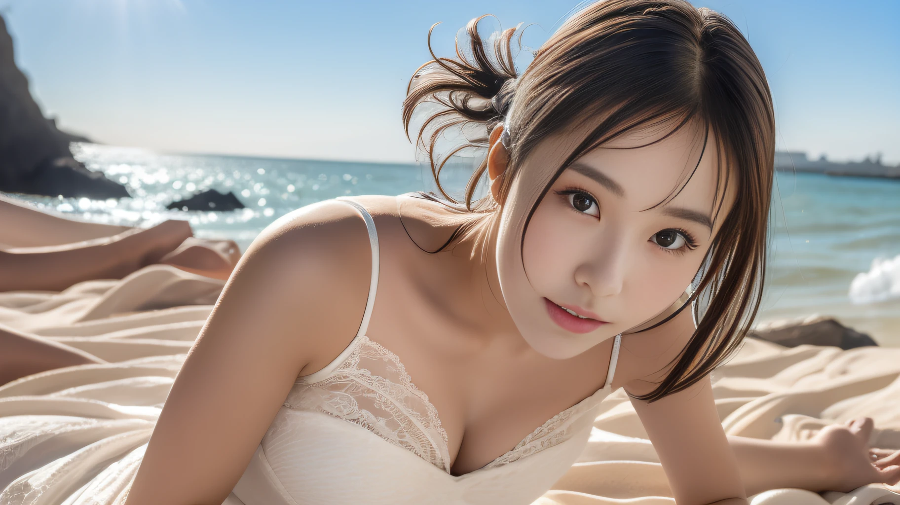 ((finely best quality))、((The ultra -The high-definition))、finely detail、(((Beautiful One Girl)))、extremely detailed eye and face、beach、White Dress、bare shoulders​、sprawl、bare-legged、Strong sunshine、