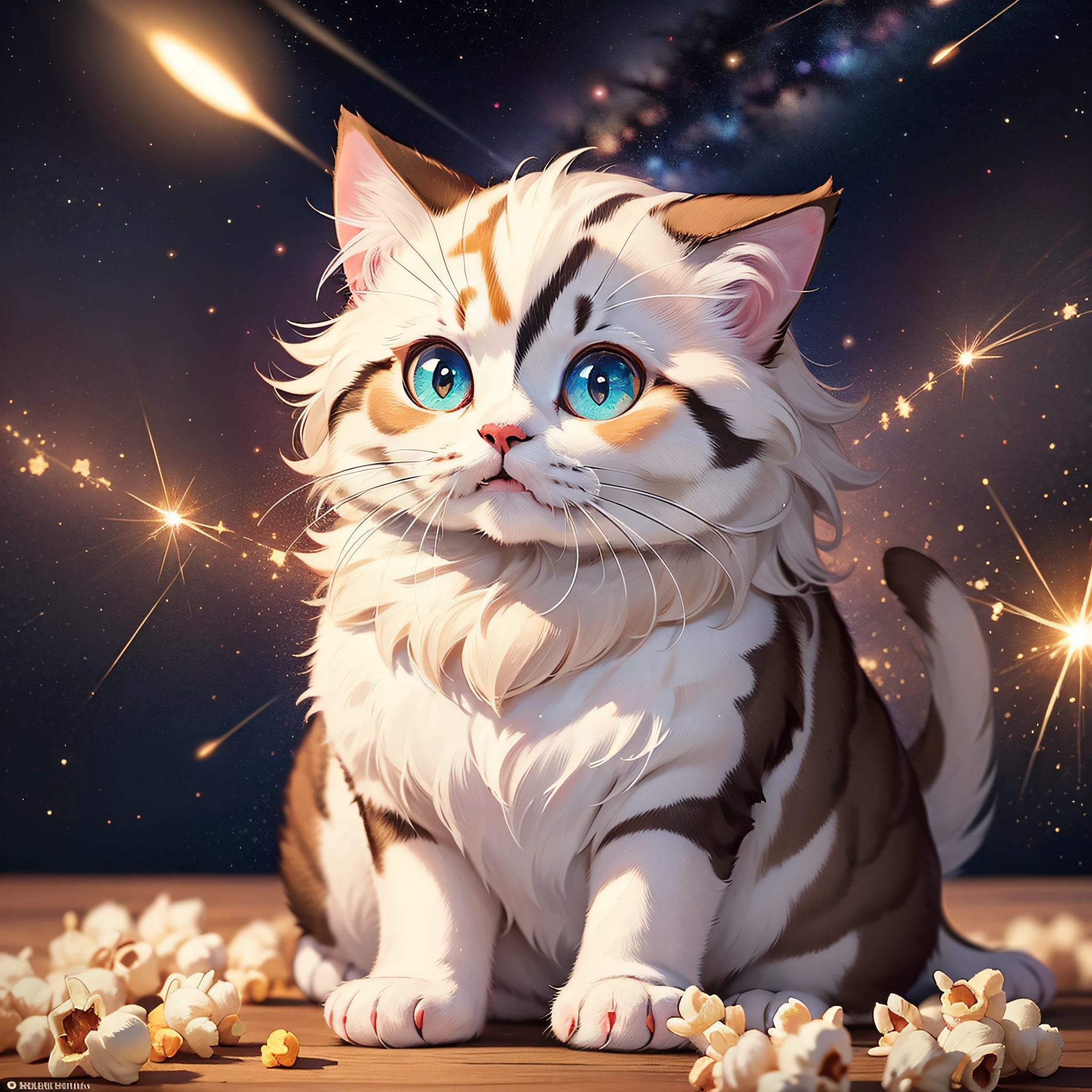 (Best quality, masterpiece), adorable kawaii persian cat, Particle, Wind, Popcorn, bright light background, look at the bar viewer, the milky way galaxy