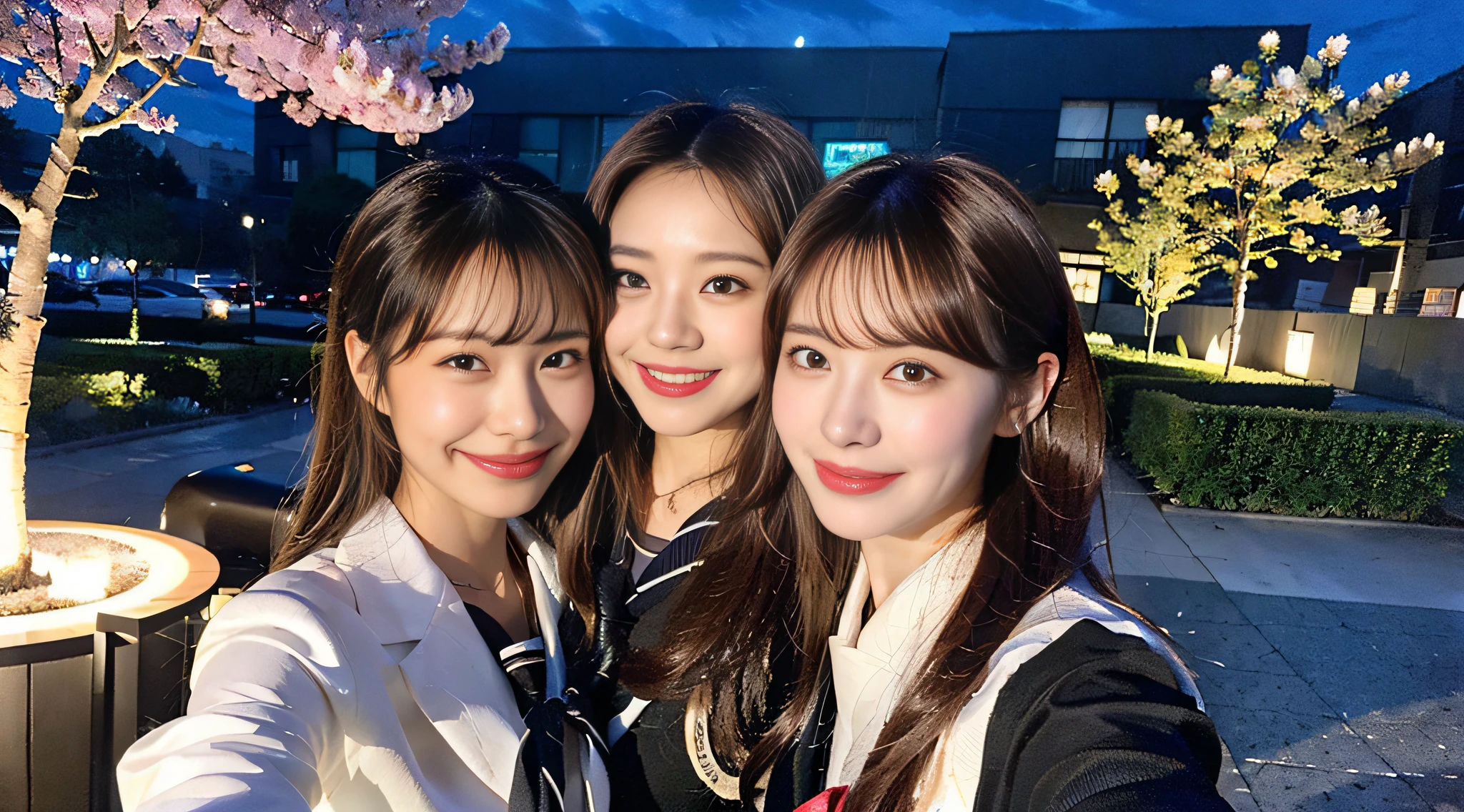 (8K,Raw photo、Raw photo、top-quality、Master masterpiece:1.2)、ultra-detailliert、Super Resolution、(Photorealsitic:1.5)、((Pointing at the camera))、high resolution RAW color photos、professional photograpy、indirect lighting、Female proofreading of Japan from head to waist、Point your finger at the camera、Point your finger here、Blur the background、(Very beautiful and detailed night cherry blossom trees 1:1.37)((Beautiful night with a cherry blossom blizzard))、fullmoon、Very detailed and beautiful、Ultra-high image quality、Half-up hairstyle、Bun hair、poneyTail、High school girl in sailor suit、(Puffy cheeks)Detailed uniforms、Each face has its own distinctive features、Different face patterns、Farbe々Hairstyle、Brown hair fluttering in the night breeze、Hair swaying and sexy、Very detailed beautiful girl、(Pink Eye Shadow)、Red tie、Smiling smile、Pointing at the camera、Pointing