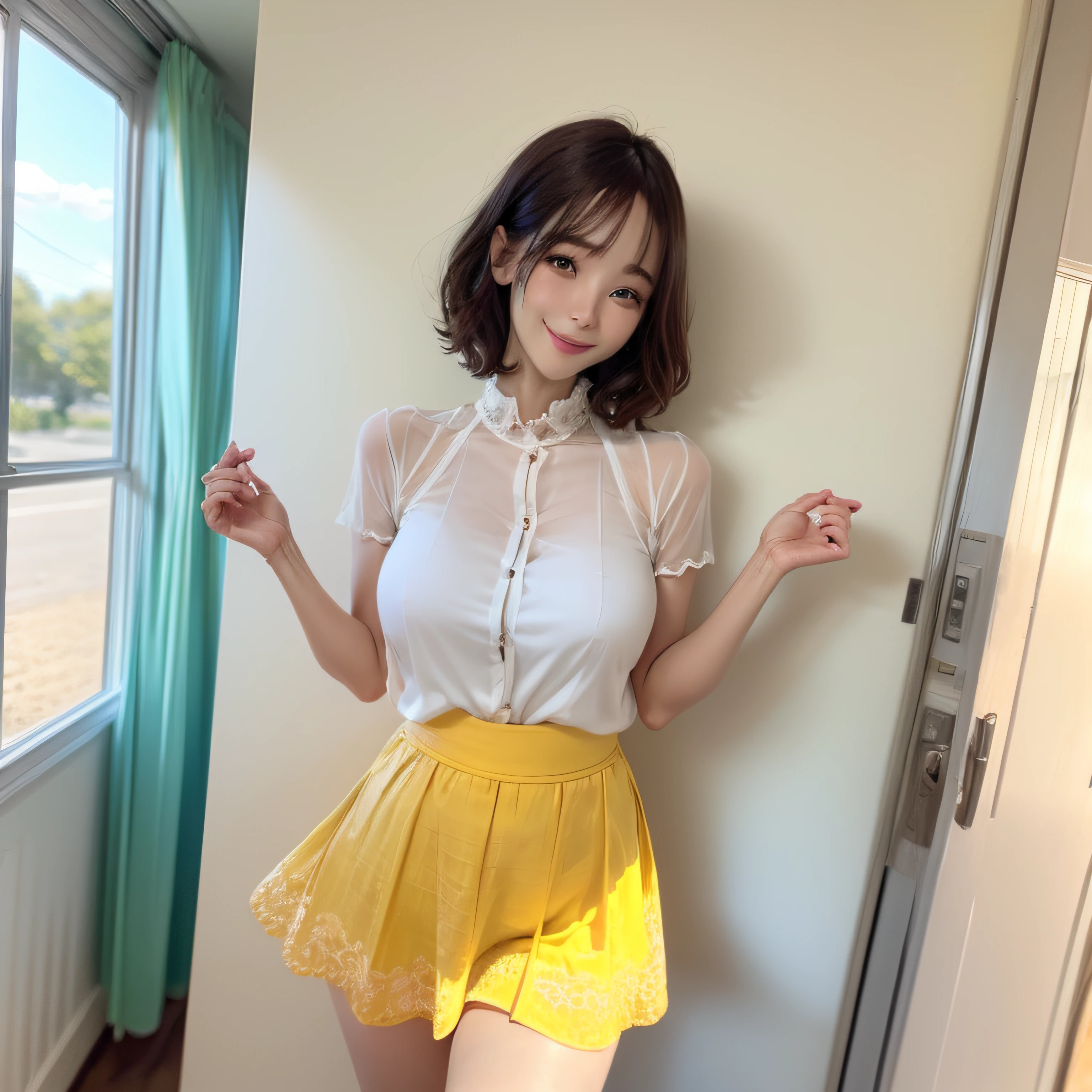 masterpiece、top-quality、Official art、Highly detailed CG Unity 8K wallpapers、They are in the lower grades of elementary school.、a very delicate and beautiful、超A high resolution、(Photorealsitic:1.4)、Golden Hour Lighting、(The upper part of the body)、(Platinum Shorthair:0.8)、(Puffy eyes)、looking at the viewers、facing the front there、A refreshing smile、JK Skirt、Plain clothe、Sheer --auto