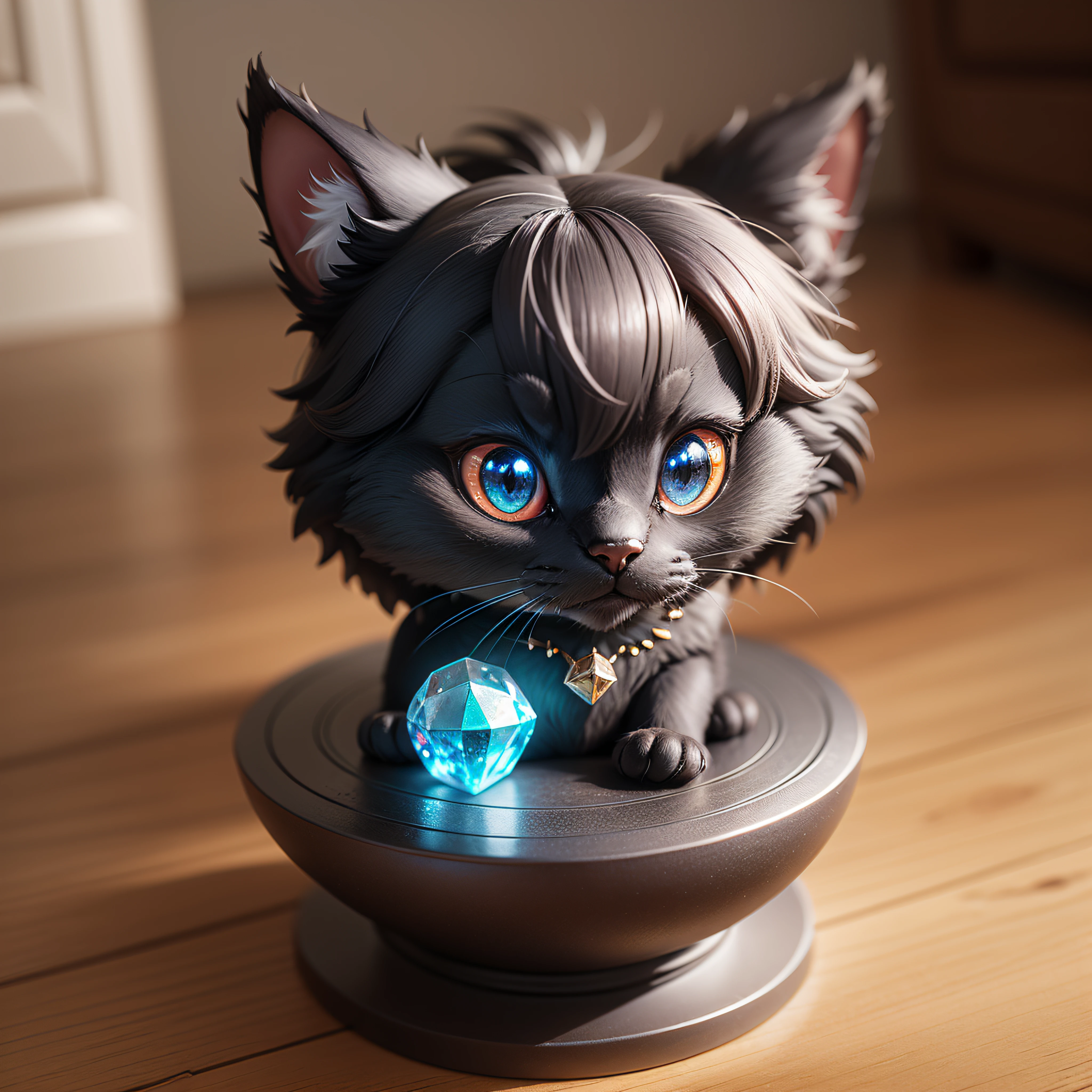 (Masterpiece), (8k), (Best Quality), concept art, Chibi, Cute fluffy anthropomorphic black cat made of clay, cute mini doll, sits on a luminous crystal pedestal, 3d rendering, blender, oc renderer, blind box figurine