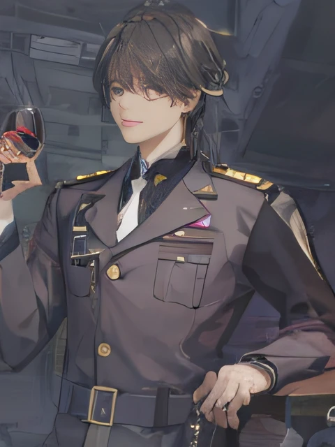 Best quality at best,highly detailed,tmasterpiece,ultra - detailed,独奏,Hold a wine glass in your hand,Sit Pose,military officer,