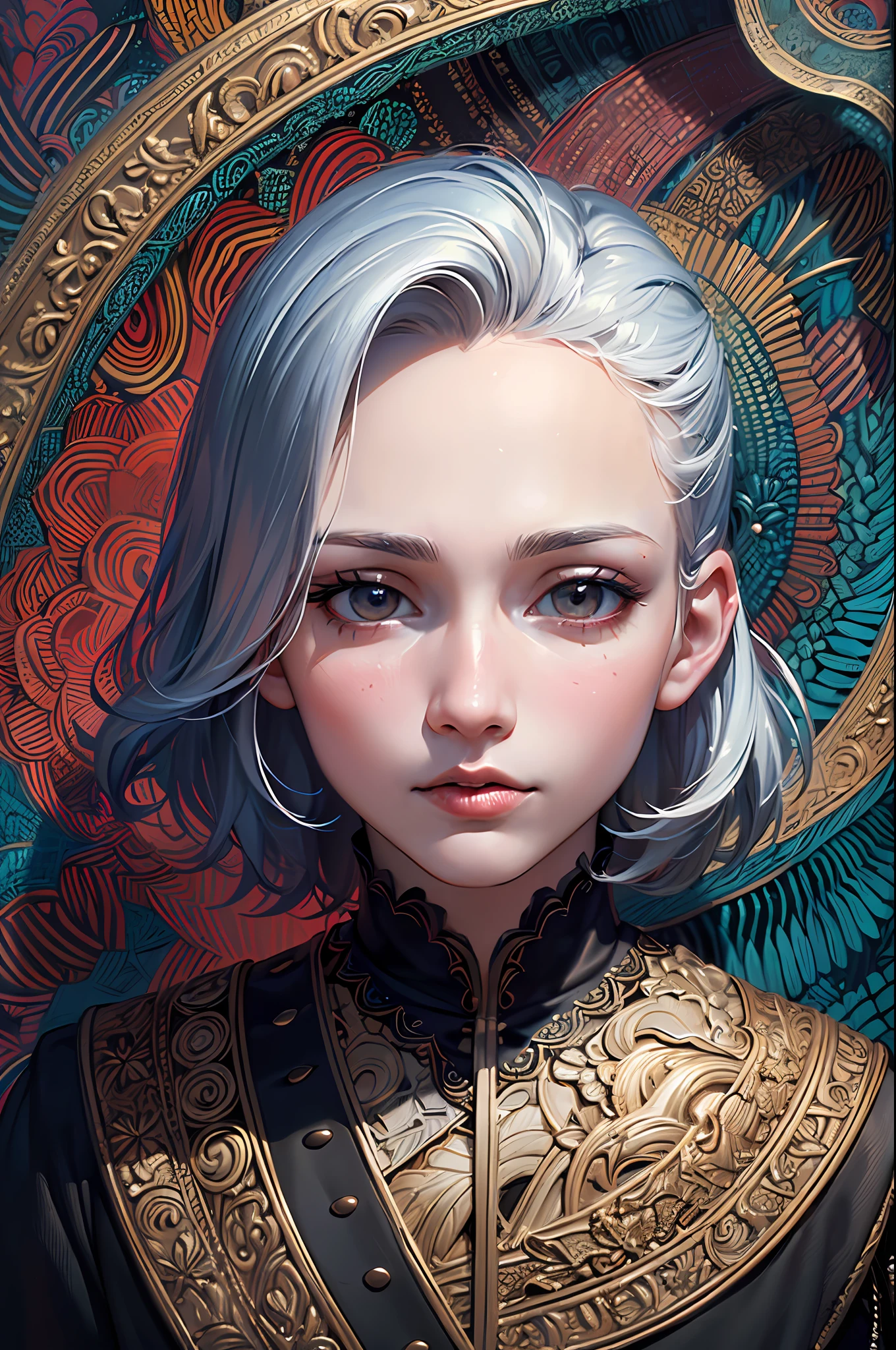 realistic, (masterpiece, top quality, best quality, official art, beautiful and aesthetic:1.2),
extremely detailed,fractal art,colorful,highest detailed,zentangle,(abstract background:1.5)
(1boy:1.3), (birds),silver hair, bright eyes,hair slicked back, short hair, black robe,