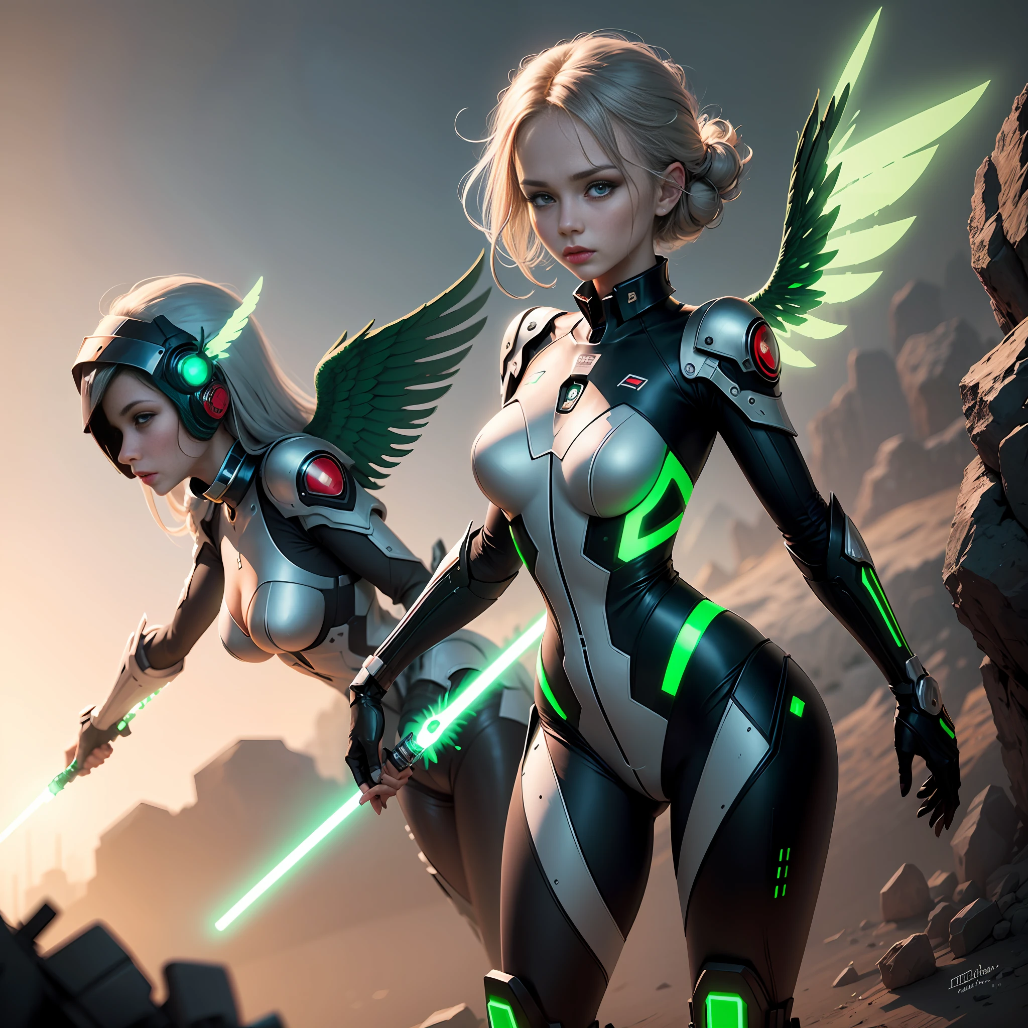 mechs，woman，Green fluorescence，green wings，mech wings，Gray hair，Green eyes，Light wings，lightsabers，tmasterpiece， --auto