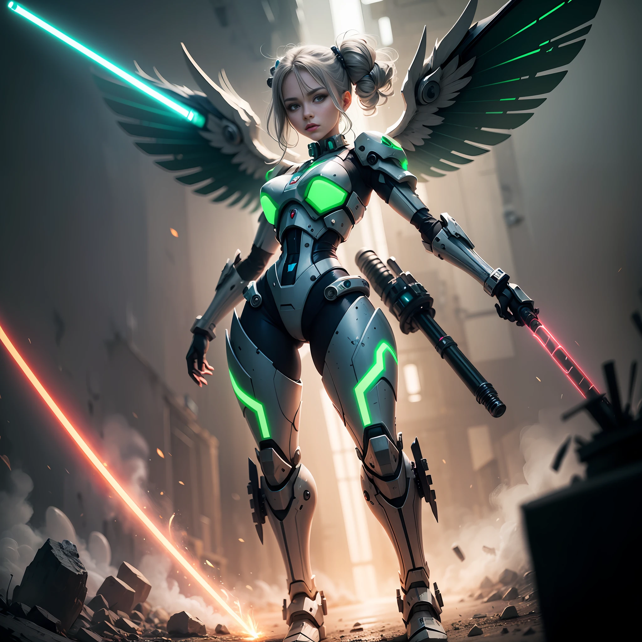 mechs,woman,Green fluorescence,green wings,mech wings,Gray hair,Green eyes,Light wings,lightsabers,tmasterpiece, --auto