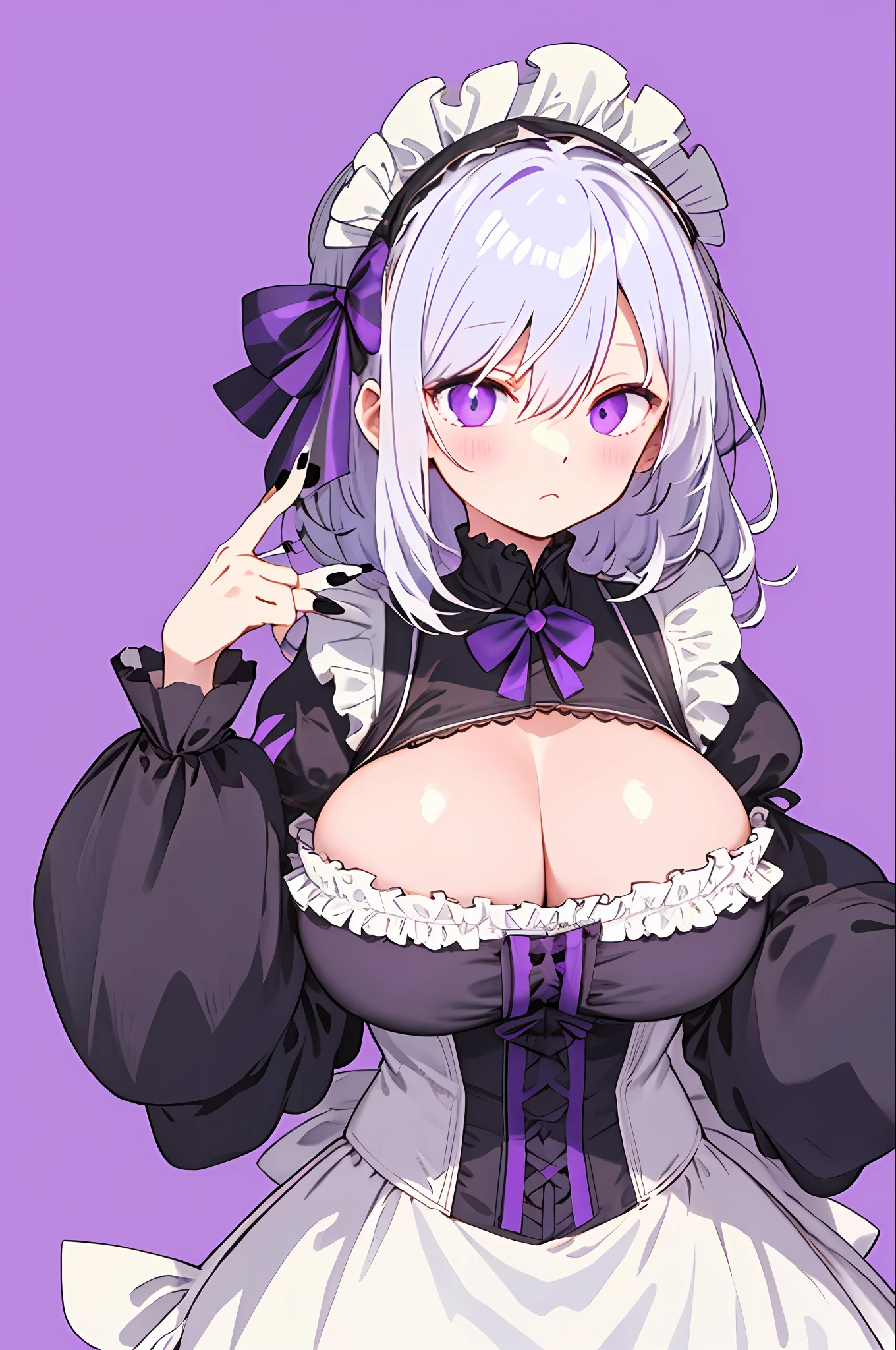 tmasterpiece, Top quality, Lori huge breasts cleavage, 独奏, long_hair, looking_at_viewer, By bangs, White curly hair simple_background, long_sleeves, ta prostitute, hair_between_eyes, jewely, closed_mouth, upper_body, white_hair, frilld, puffy_sleeves, finger nails, maid_headdress, gyuru, black_nails, purple_background, purple color-theme