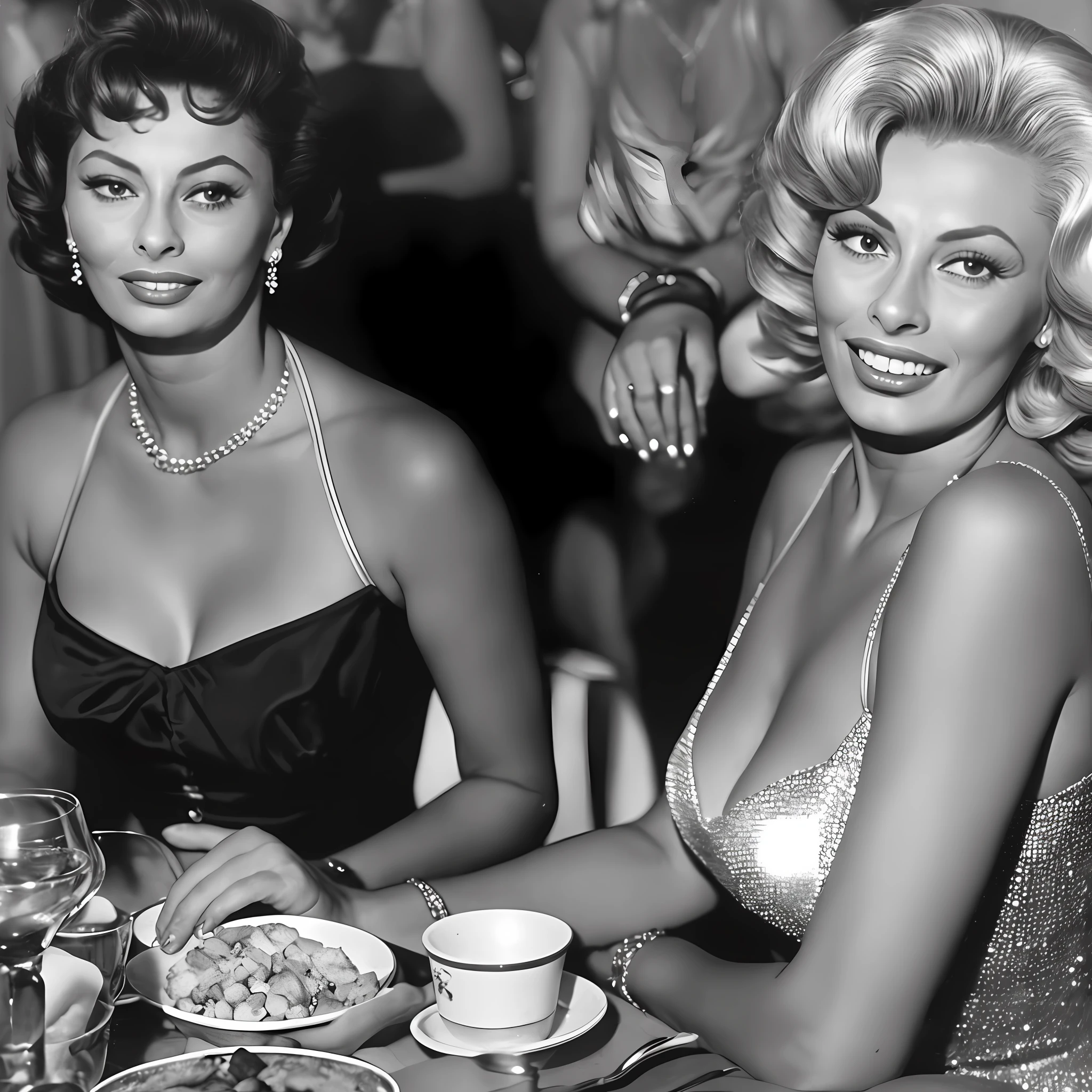 Araffes de dos mujeres sentadas en una mesa con platos y vasos, por Stan Galli, Sophia Loren, Foto de Sophia Loren, por Bunny Yeager, Young Sofia Loren, por Allan Linder, por Roy Dalgarno, por Larry Fink, por Sergio Burzi, Hellmut Newton, por John Mossman, illustration", 1959