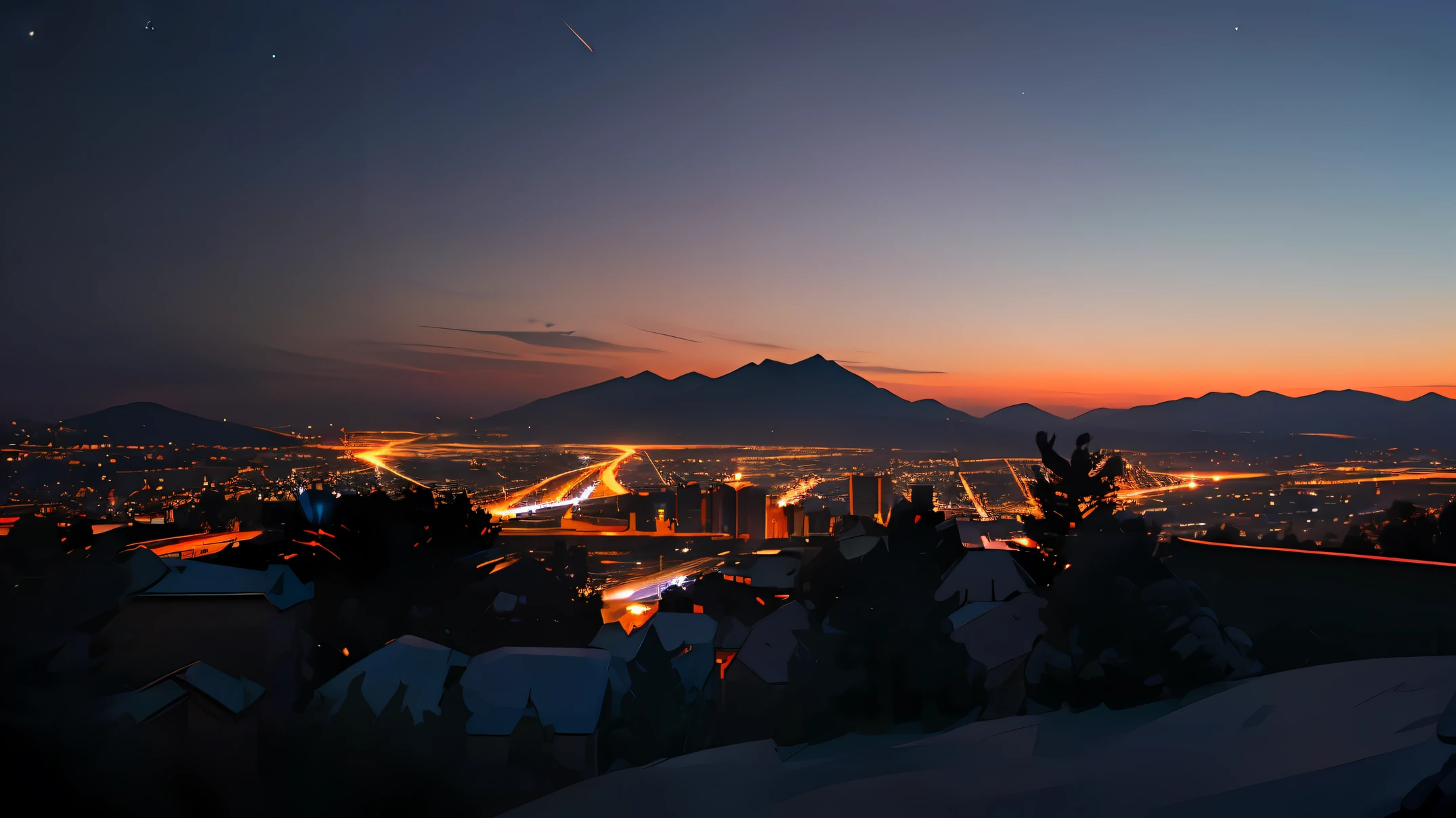 arafed view of a city at night with a mountain in the background, city twilight landscape, scenic view at night, vista of a city at sunset, city sunset night, twilight ; wide shot, photography shot at blue hour, night view, twilight city on the background, night scenery, ethereal starlit city at sunset, night city in the background