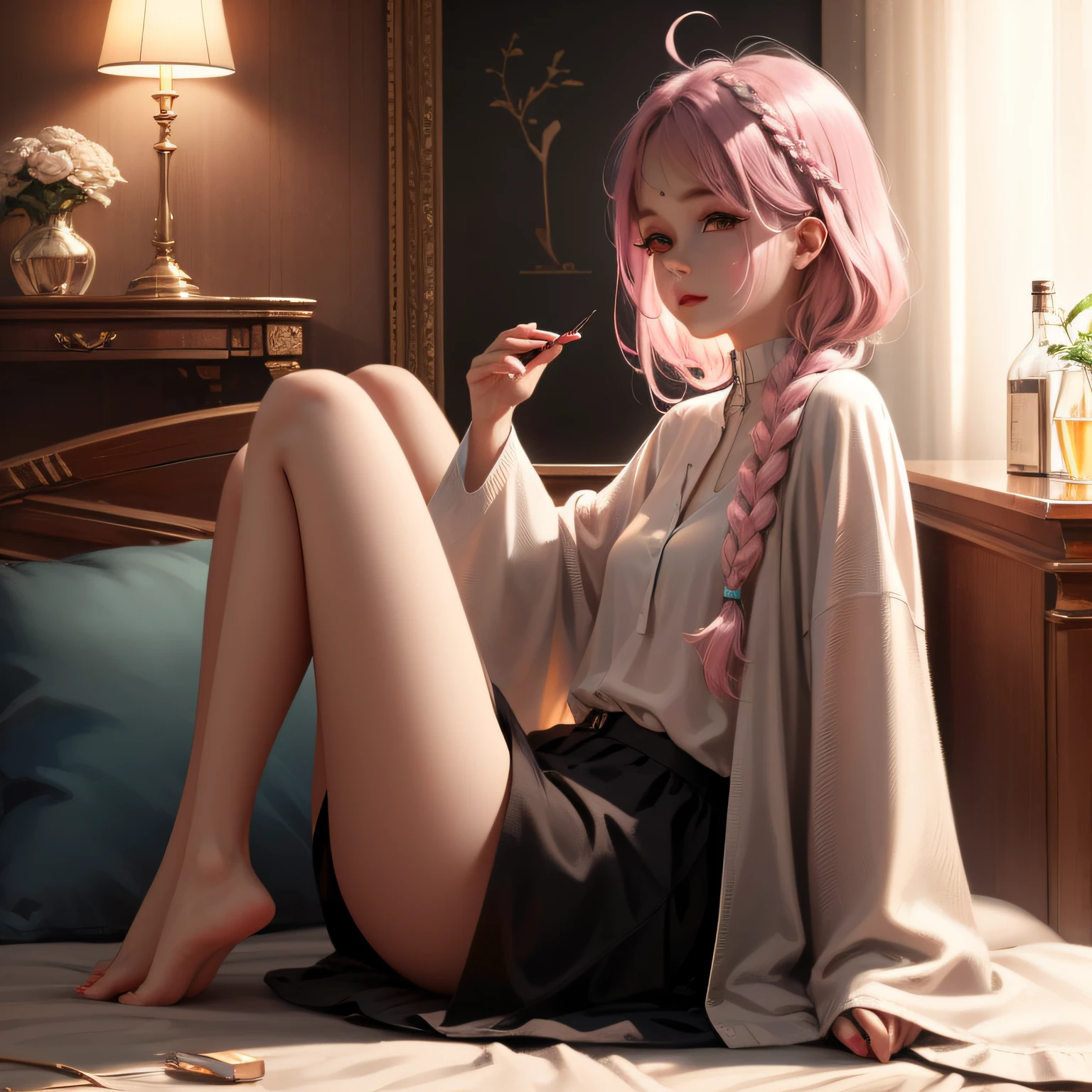 White young thin girl, Beth, long leges, pink hair, ahoge, braid, mole under eye, Big eyes, light make-up --auto