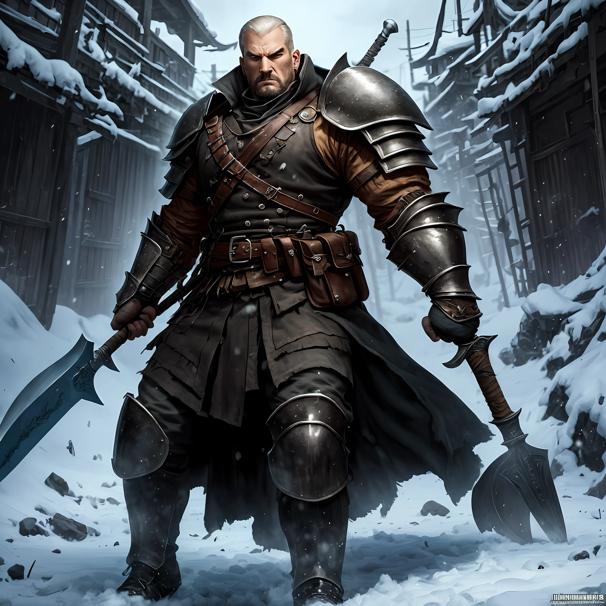 Titles: "Ruthless Warden"
The setting: A simple human warrior focused on strength and combat attributes。
outward appearance: Musculoskeletal augmentation々Strong physique、grim facial expression、sharp eye、Wearing an iron helmet。Shoes Boots、Show full body
Weapons and equipment: Giant Iron Battle Axe、Heavy-duty armor and shields。
Distinctive features: Cold、strength、Intimidating。
Technical elements: Equipment with a small amount of technological elements。
Background with: Protecting Law and Order for the Prison Commissioner、Prisoner management。

Create a ruthless Warden character image that incorporates the above elements.。