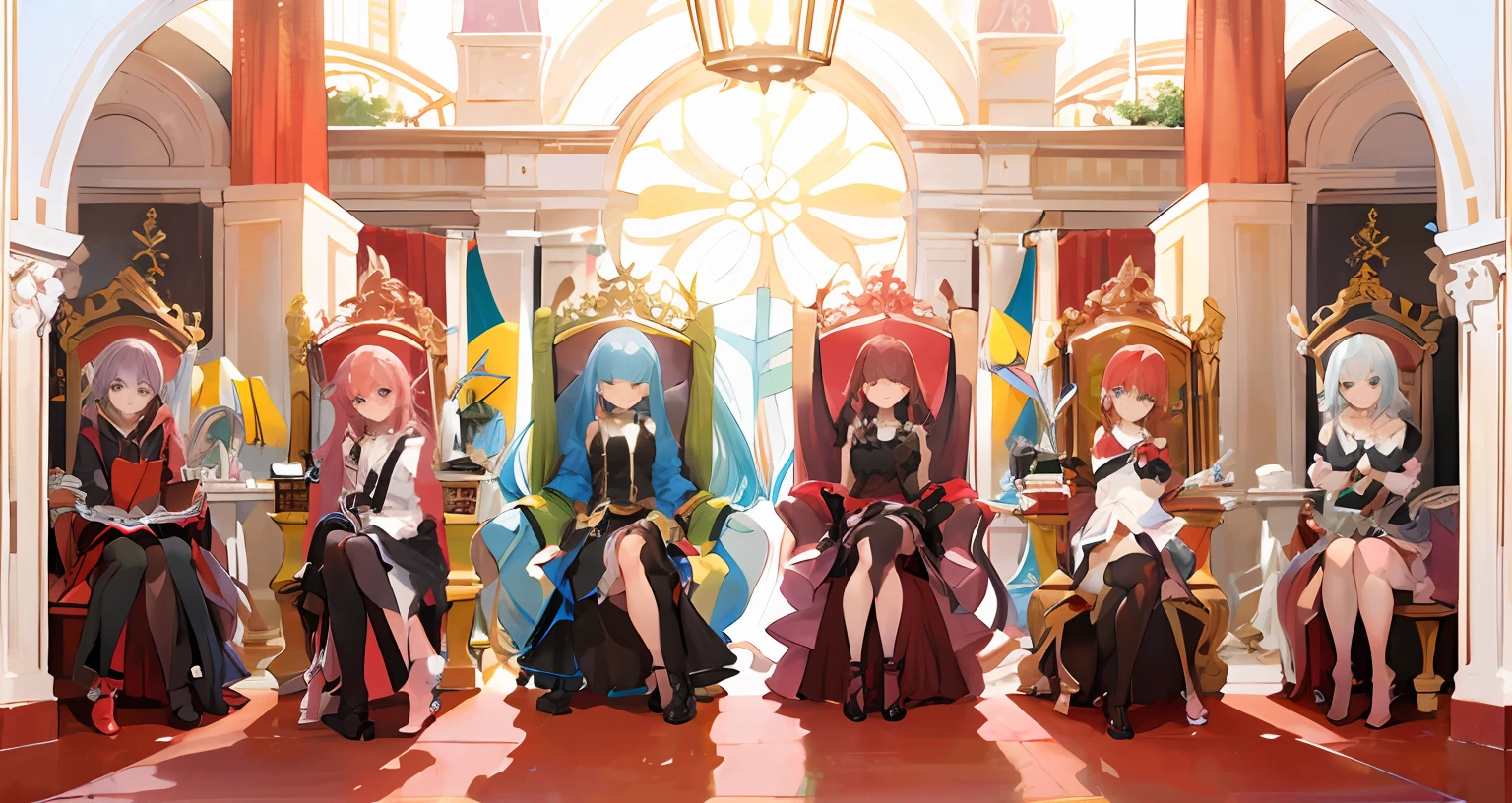 Seven anime girls sitting on the throne
