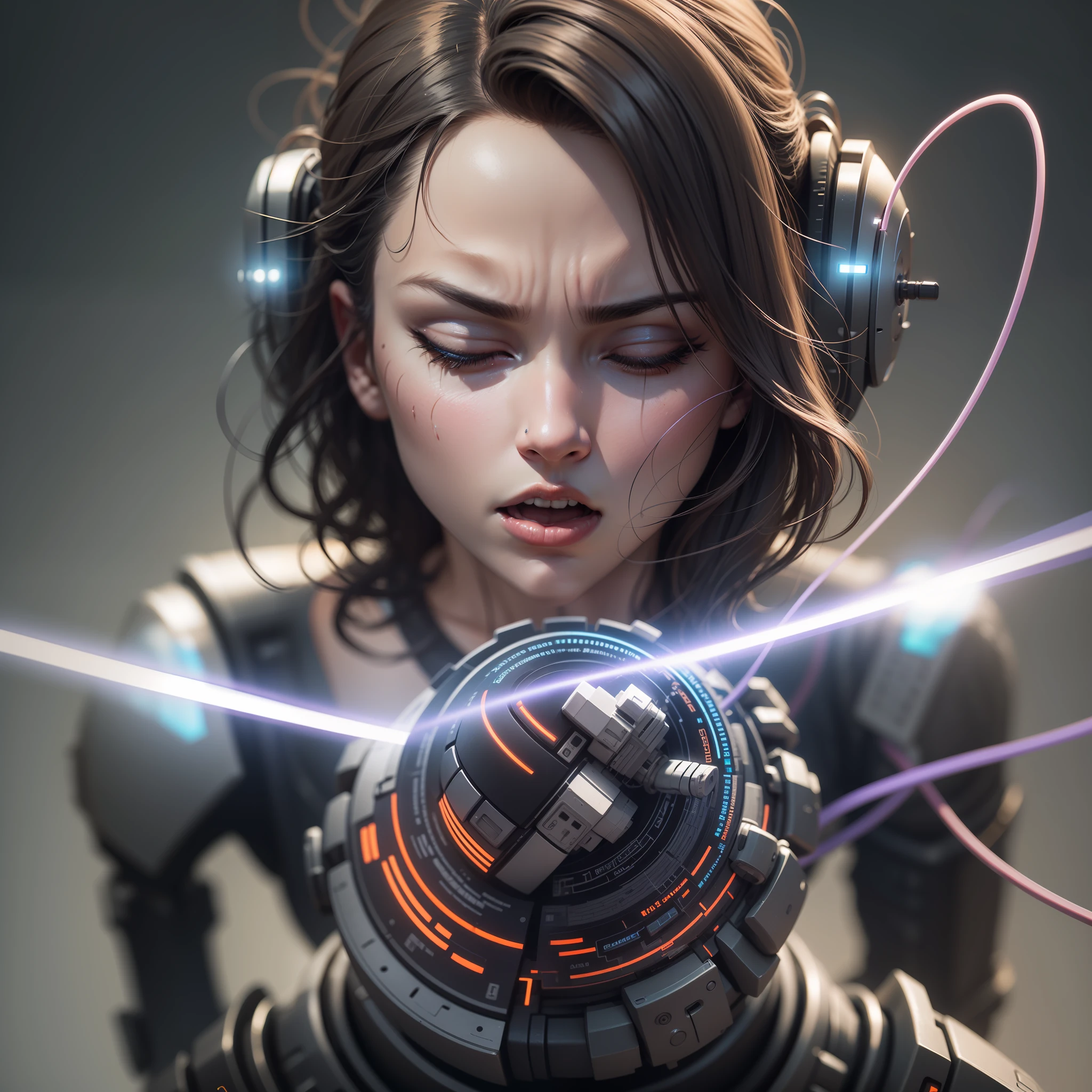 Human-android connected by wires to a machine, ultra realistic, unconscious, anger vein, eyes closed, motion blur, wide shot, Wide-Angle, cinematic lighting, optical illusion, super detail, anatomically correct