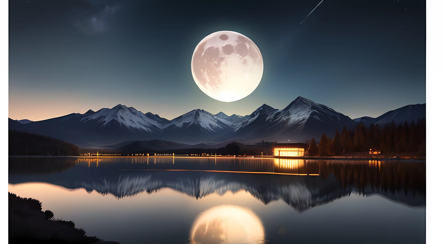 Very starry night,A giant moon behind the mountains,Modern dishwasher in the center of the front mirror,The tranquil lake reflects the night view,Realistic details,Photorealistic photorealism,extreme picture quality,8K creation。