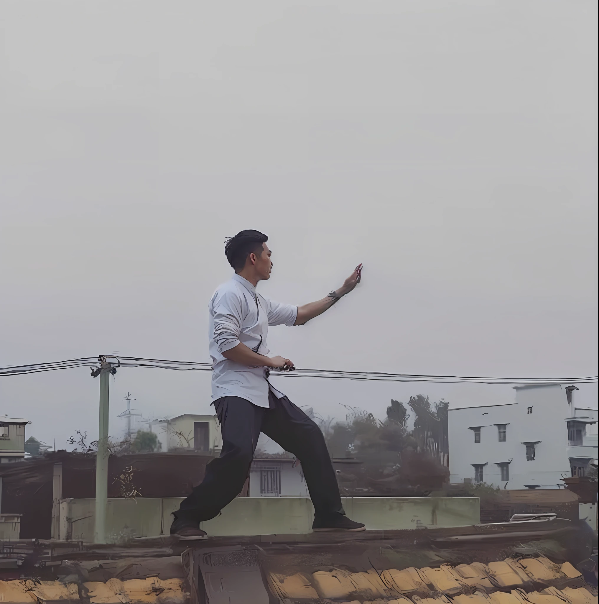 (Martial arts films, action scene, Classic performance),(traditional+modern), High proficiency, (Sifu style elements), The protagonist (Male), Standing on the roof, arms out, Show off your kung fu style, inspired by Cao Buxing, Guan Daosheng, Zhao Mengfu, And strive to create timeless action scenes, The character styling is inspired by Zhang Huimei and the movie "Tang Hand female master", Added Sifu style elements, Presenting a combination of tradition and modernity.