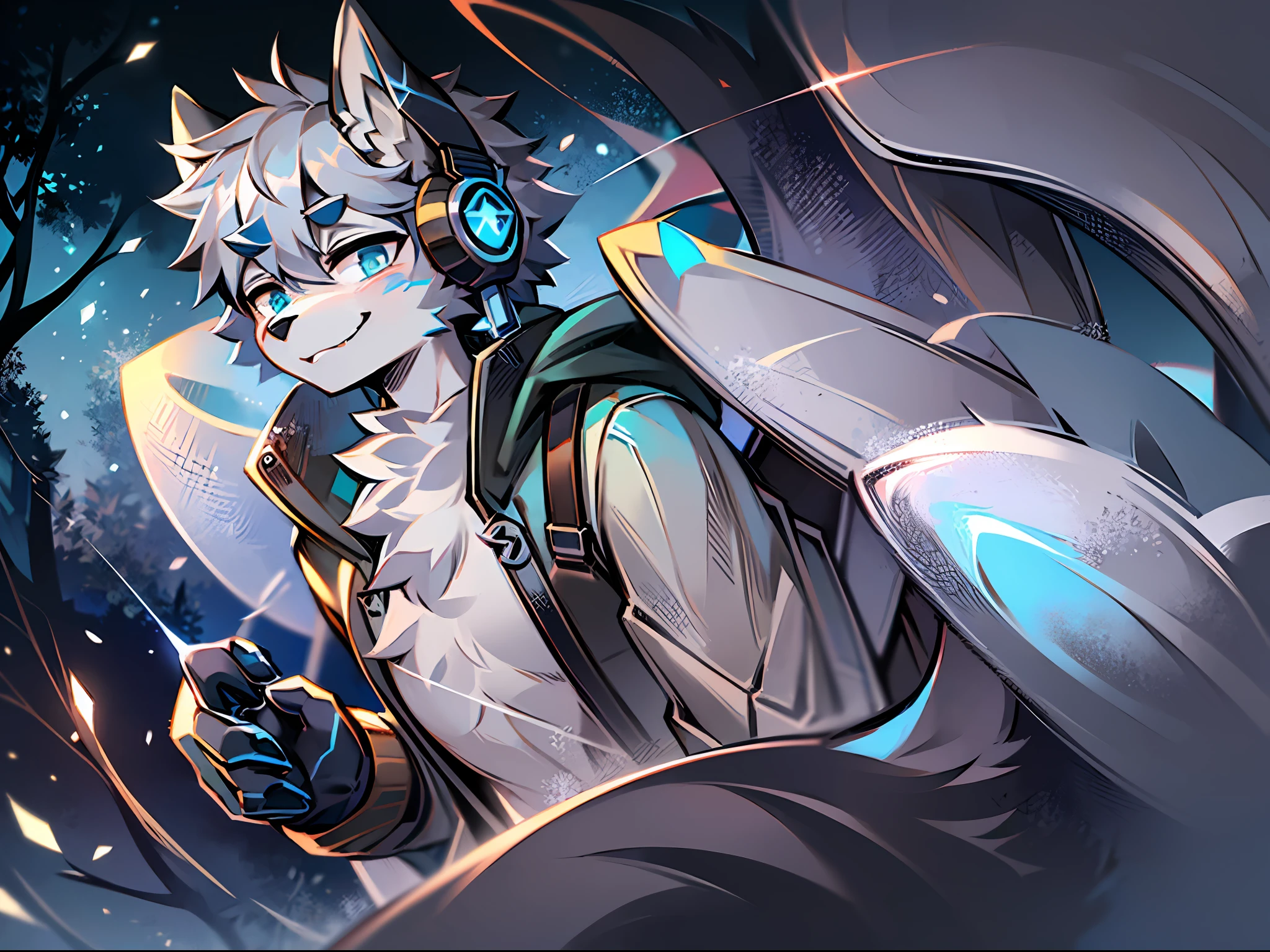 eyes with brightness, in a panoramic view，Character focus，Full body like，独奏,solo person， Correct human ???????。male people，Furry male wolf（Dragon and wolf combined），eyes blue，Blue skin，A pair of dragon wings, Gray hair(The long），Wear white ear headphones，There is a pair on the forehead（Little big breasts柄）Blue horn fluorescence，In the forest，the night，starrysky，On a cliff，Take control of the magic，Ice floating all around，down jacket，grey shorts，Sports socks，Looking at the night sky，ssmile，DOA，Young style，height of one meter seven，Handsome， There is a wolf tail，k hd，8K，1440*2048