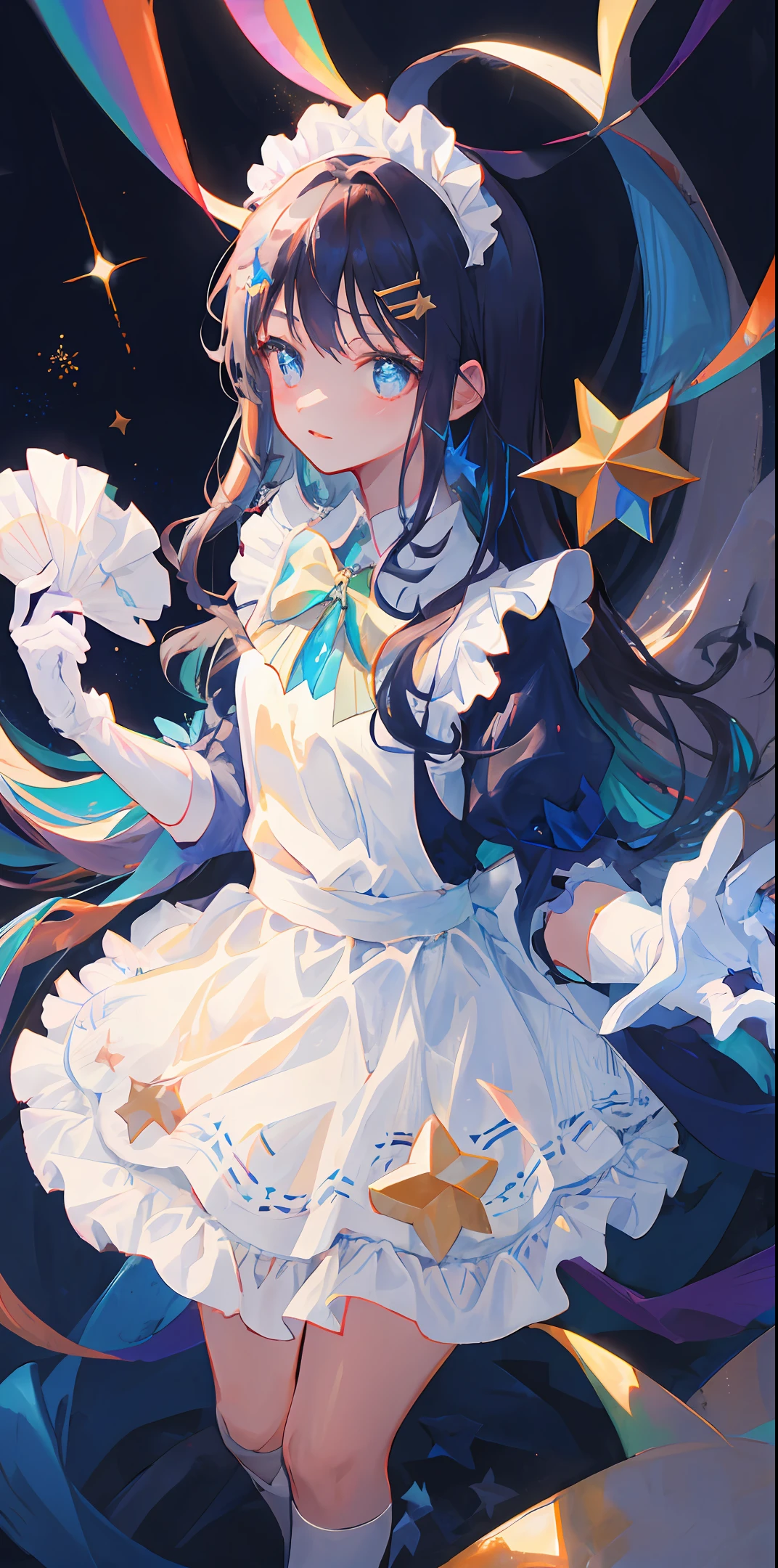 tmasterpiece,starrysky,Kizi,dark blue long hair,Inside rainbow colors,the maid outfit,white bow hair ornament,white long gloves,puff sleeves,Music,Sparkling,