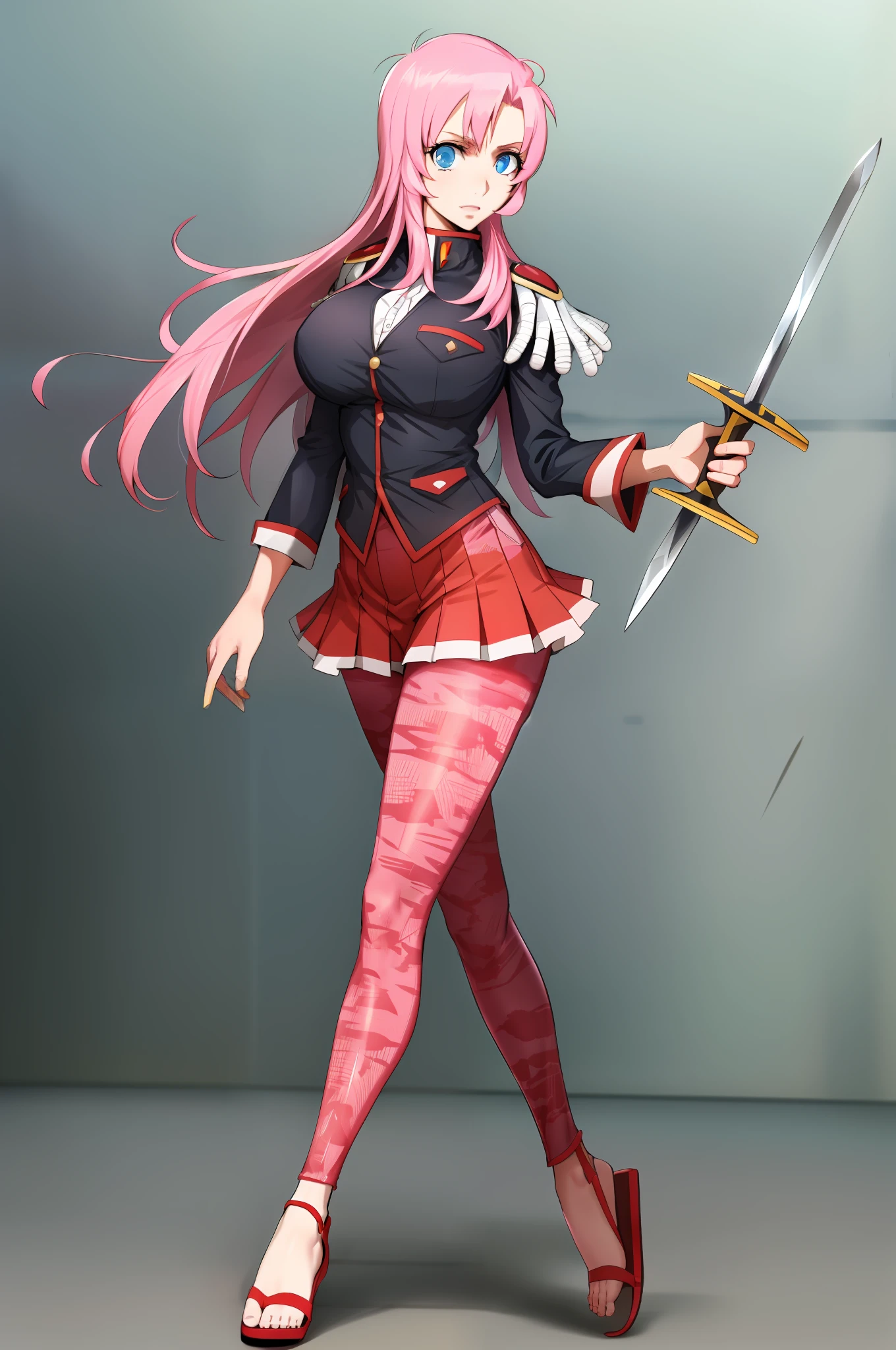 utena, , skirt, vest, noble, militari uniform, big breast, tall female, flip flops, full body, holding sword, pantyhose, , walking, pants