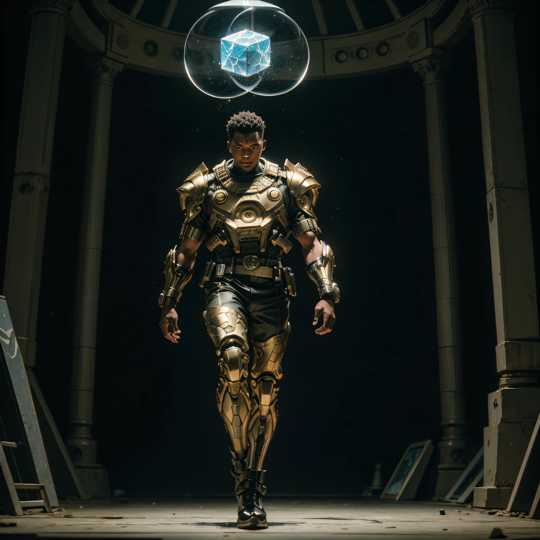 a man coming out of a Stargate like the one in Stargate SG1, Black man. dark skin, detailed skin, holding a mechanical cube with circles on the sides. the cube has some glowing lines. the cube is metallic, radiating energy. the man is commanding the cube, the man is a scientist, dynamic, Hyper realistic, Photography, Picture of the week, RAW, beautiful, (finely detailed skin), African skin, (masterpiece) (perfect proportion)(realistic photo)(best quality) (detailed) photographed on a Canon EOS R5, 50mm lens, F/2.8, HDR, (8k) (wallpaper) (cinematic lighting) (dramatic lighting) (sharp focus) (intricate) full body, nice shoes