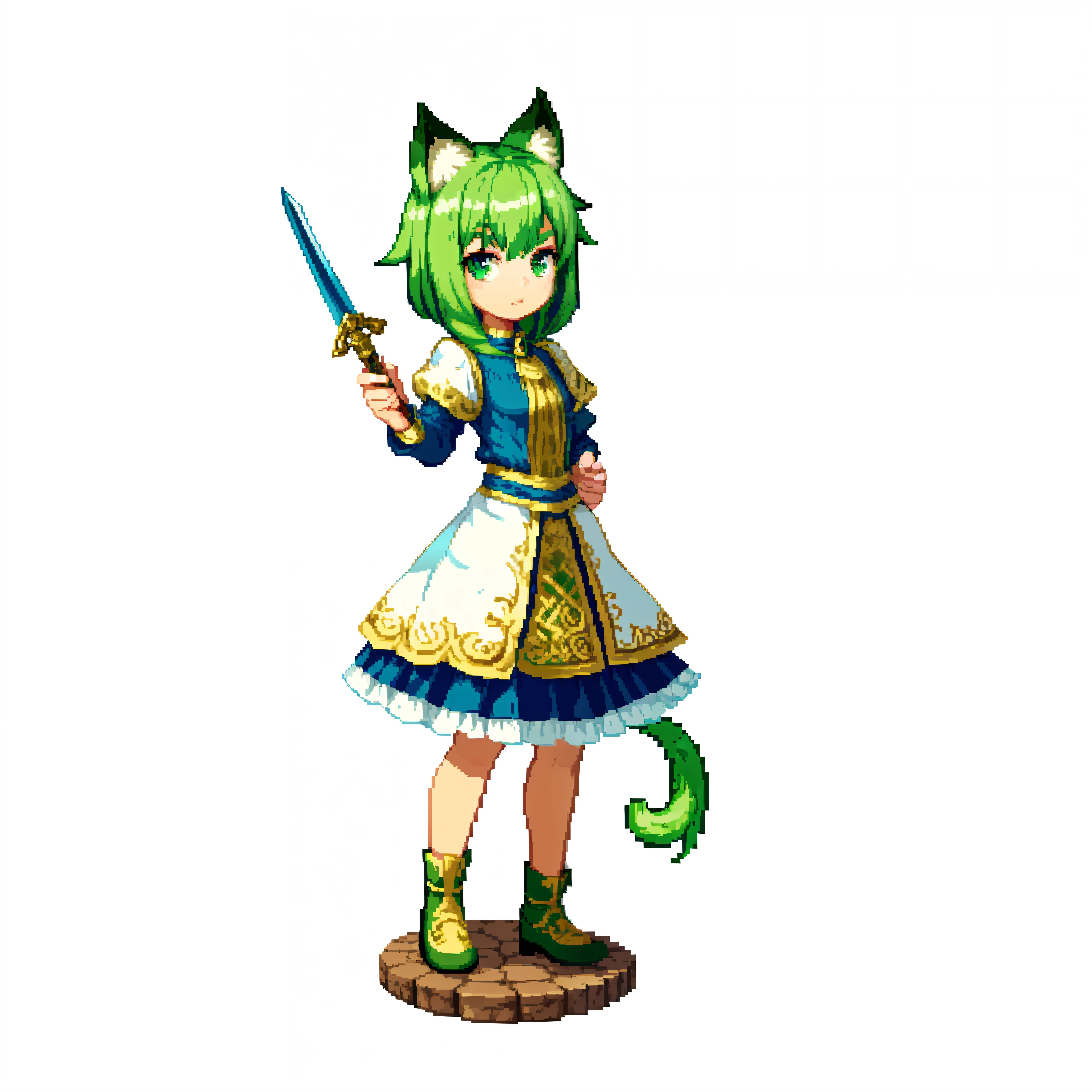(masterpiece, top quality, best quality), pixel,pixel art,(1girl),full body,white background, green hair, cat ears, dynamic pose, holding dagger,cat tail,