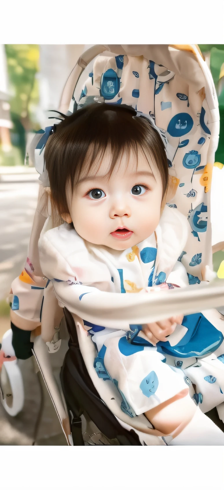 There is a baby sitting in a stroller on the sidewalk, with cute doting eyes, Ruan cute vtuber, wan adorable korean face, she has a cute expressive face, Innocent face, Cute boy, young cute wan asian face, Very cute and childlike, cute cute, Cute face, adorable big eyes, looks surprised, ruan jia beautiful!