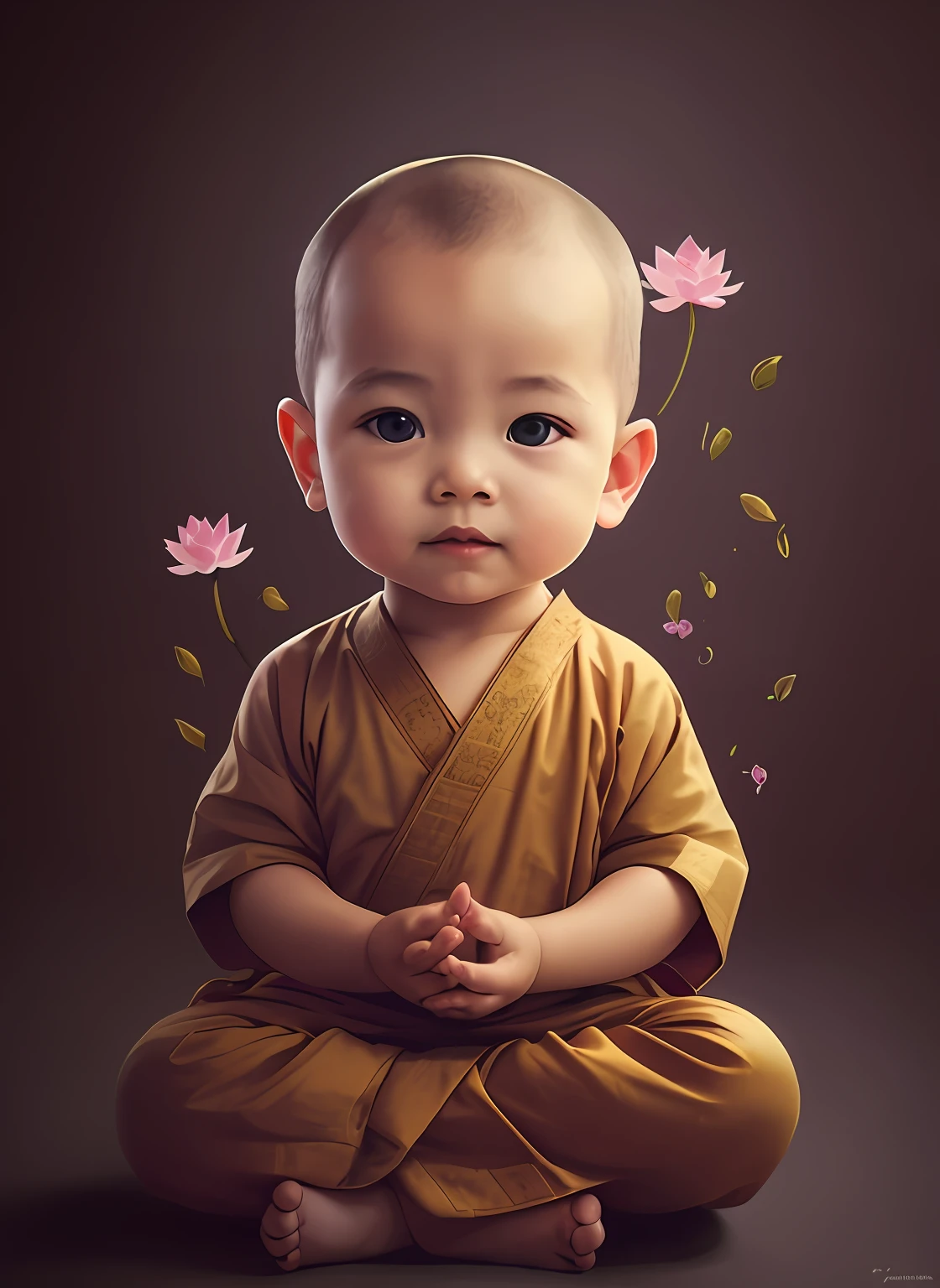 A child sits on the floor with his hands folded,Close-up of a slight smile,background lotus,buddhist art,Beautiful digital artwork,monk clothes,high quality portrait,monk meditation,illustration,Warm colors