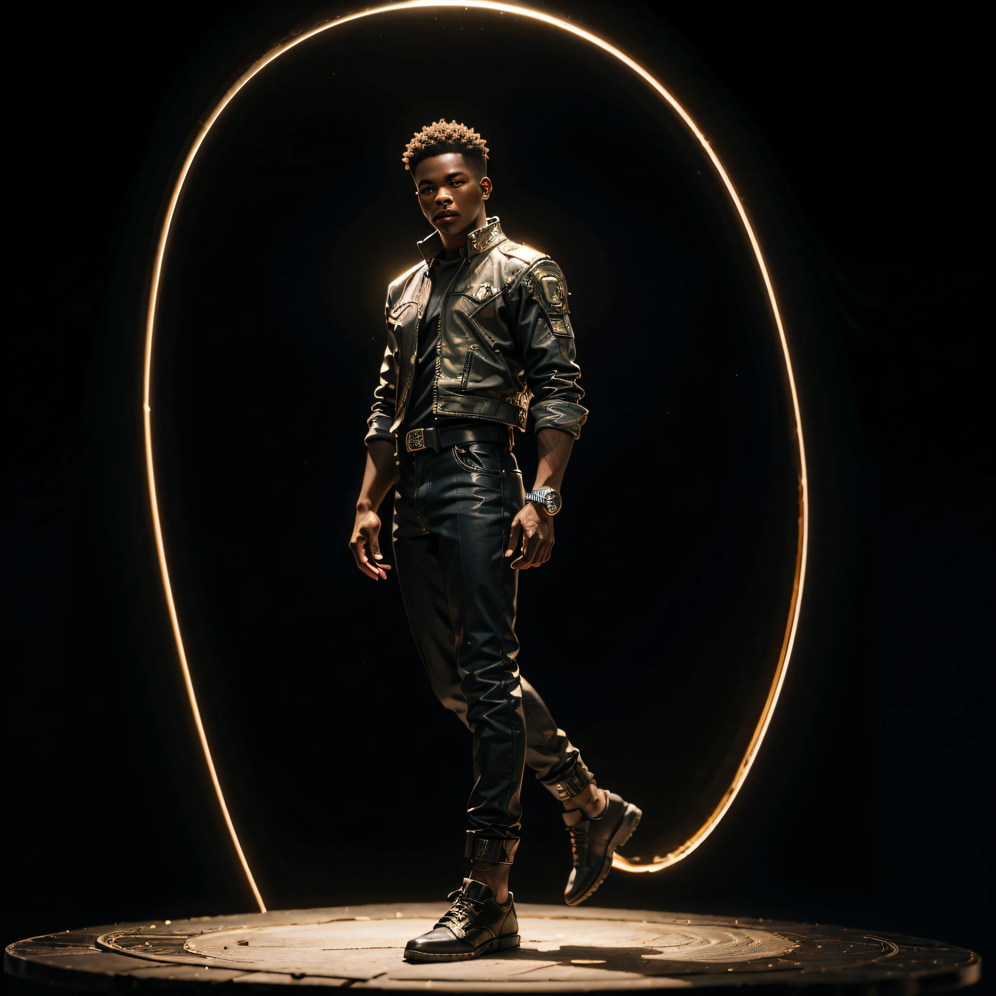 a man coming out of a Stargate like the one in Stargate SG1, Black man. dark skin, detailed skin, holding a mechanical cube with circles on the sides. the cube has some glowing lines. the cube is metallic, radiating energy. the man is commanding the cube, the man is a scientist, dynamic, Hyper realistic, Photography, Picture of the week, RAW, beautiful, (finely detailed skin), African skin, (masterpiece) (perfect proportion)(realistic photo)(best quality) (detailed) photographed on a Canon EOS R5, 50mm lens, F/2.8, HDR, (8k) (wallpaper) (cinematic lighting) (dramatic lighting) (sharp focus) (intricate) full body, nice shoes