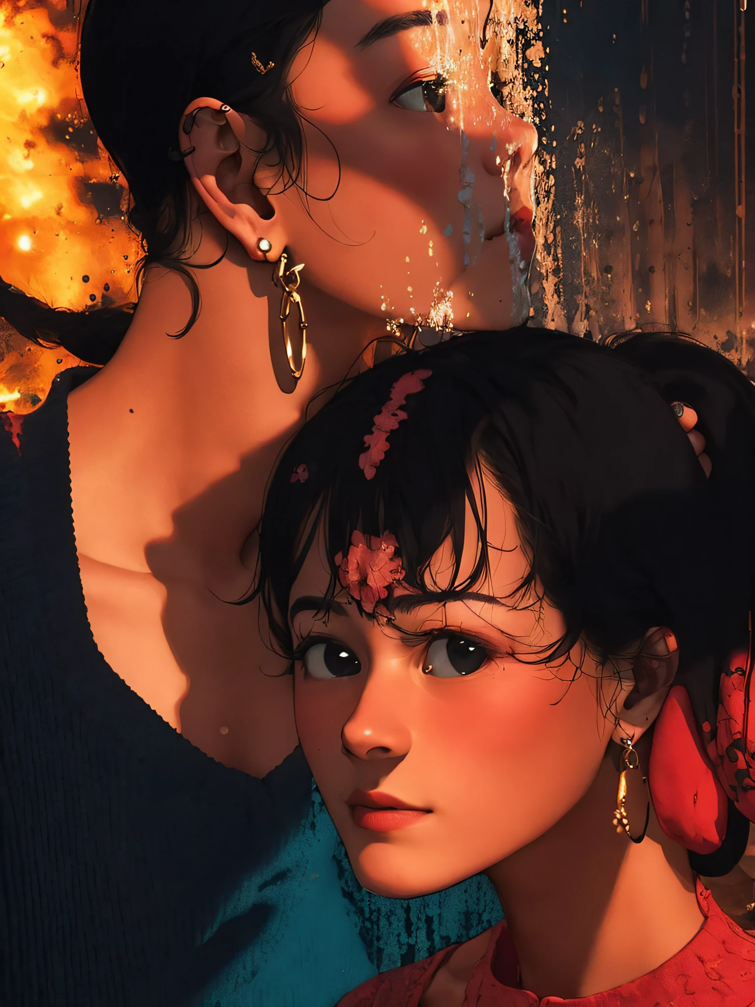 cool colours,Gold earrings,Dark eyes,tthin eyebrows,Light red lips,pony tails