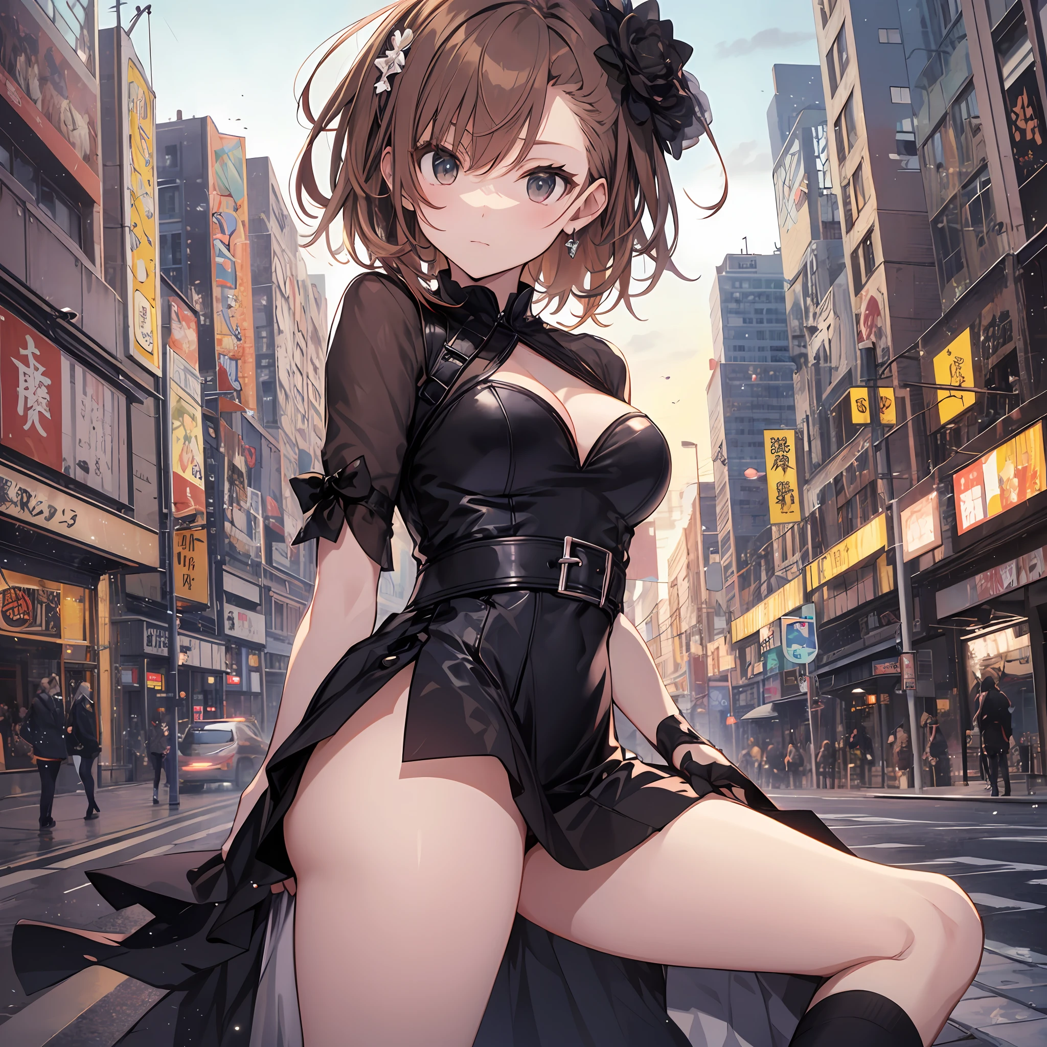 masterpiece, 4K, top-quality, Misaka Mikoto, Luxurious black dress a miniskirt A sexy nightcity beauty legs Cool Face
