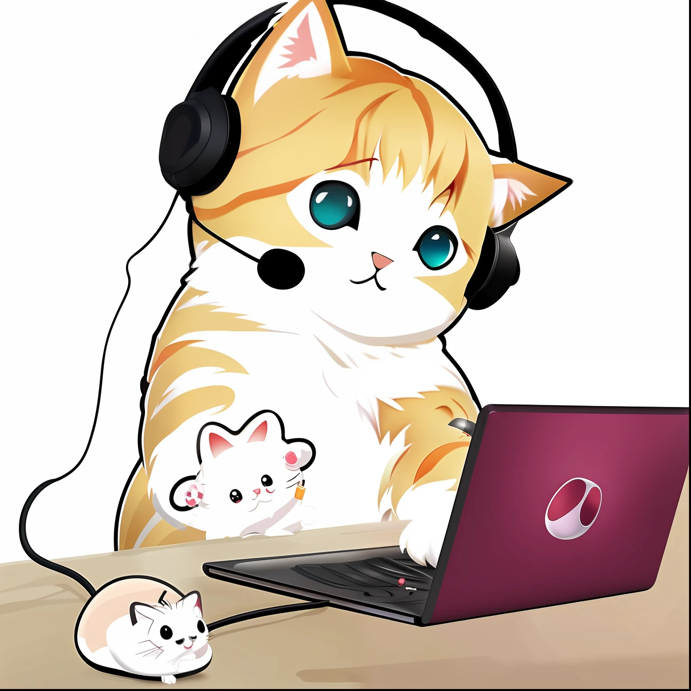 Cartoon cat with headset and mouse on table, anime cat, Kawaii cat, adorable digital art, cute artwork, anime visual of a cute cat, maplestory mouse, !!!! cat!!!!, cutecore, neko, adolable, Cute cartoon, with headphone, Ruan cute vtuber, Cybercat, anime peripheral, cute illustration, Cute detailed digital art