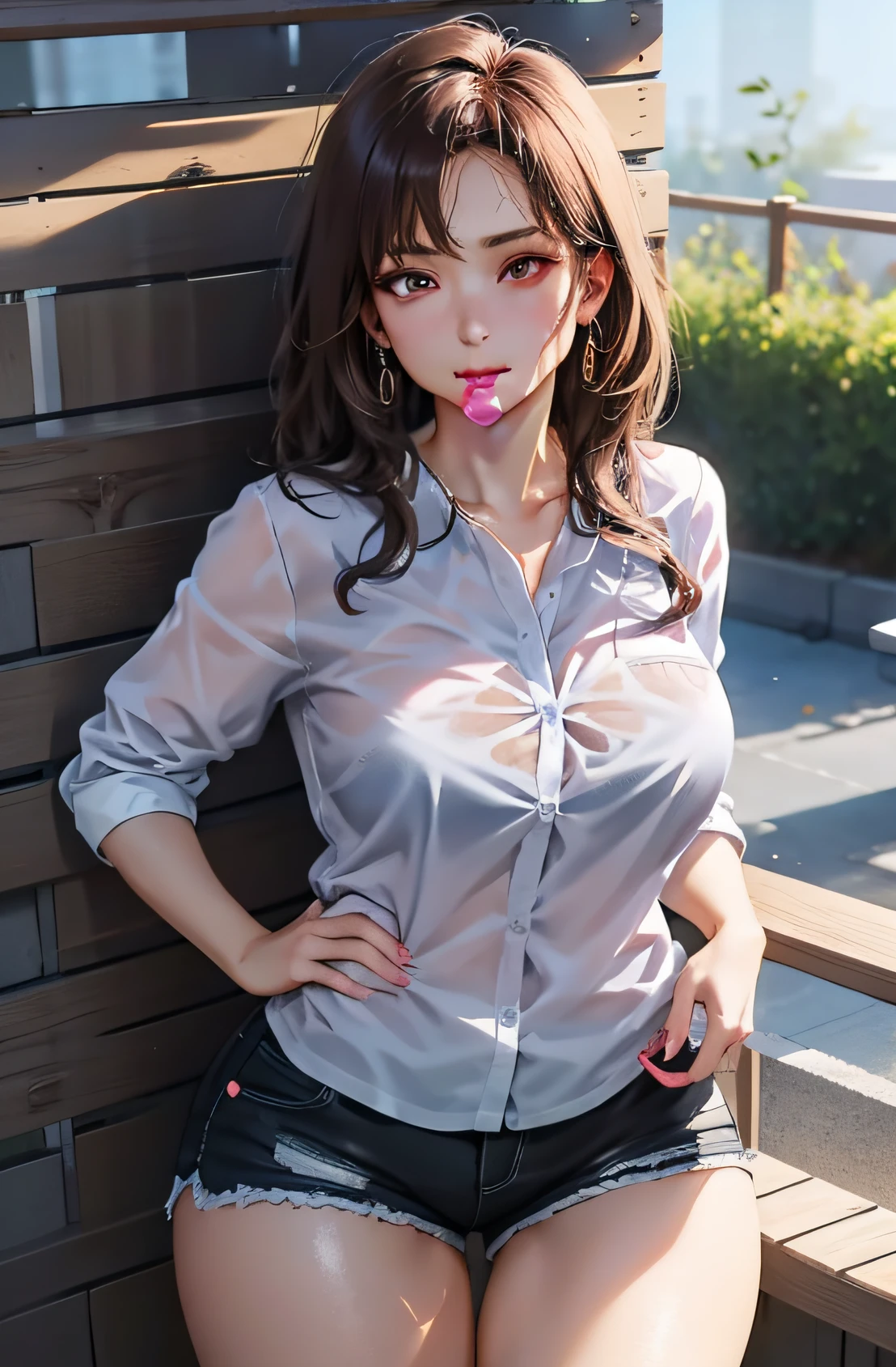 masterpiece, Realistic eyes, Best quality, Bamboo, Mouth closed, Beautiful lighting, Cinematic, 8K, 1girl, Face, Wet face, Liner, Wooden walls, Big breasts and white shirt, Shorts, Wide hips, With condom, Condom on face, Furnace mouse, Pink eyes