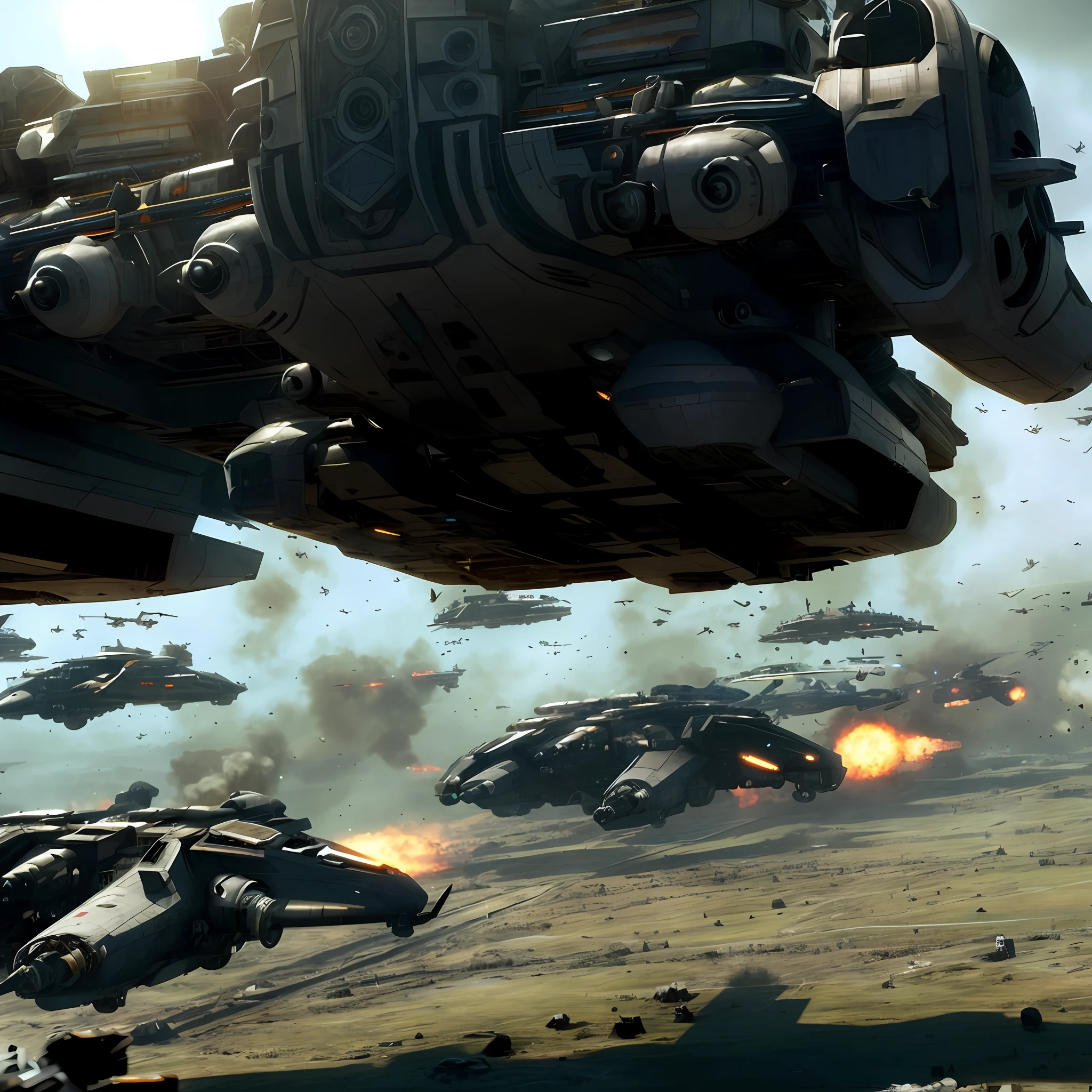 spaceships flying over a field with a lot of vehicles, spaceships flying in background, sci - fi spaceship in combat, flying ships in the background, spaceships flying above, stunning sci-fi concept art, an epic scifi movie still, flying spaceships in background, world of war spaceships, wide shot of a spaceship battle, epic scifi movie still, cg art