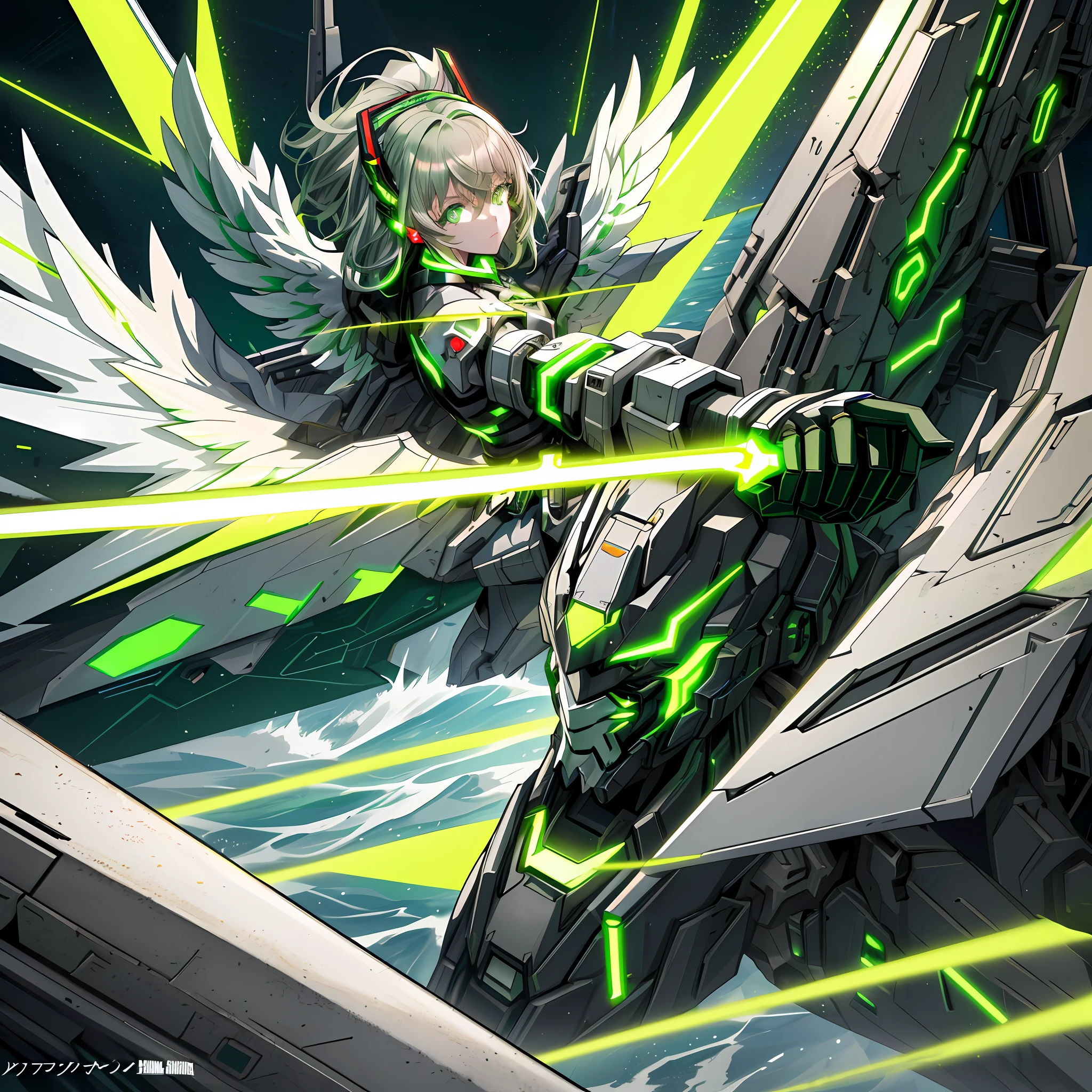 mechs，woman，Green fluorescence，green wings，mech wings，Gray hair，Green eyes，Light wings，green lightsaber，tmasterpiece，On the sea，quadratic element，Rush towards me，The expression is resolute，eyes glowing，cyber punk perssonage